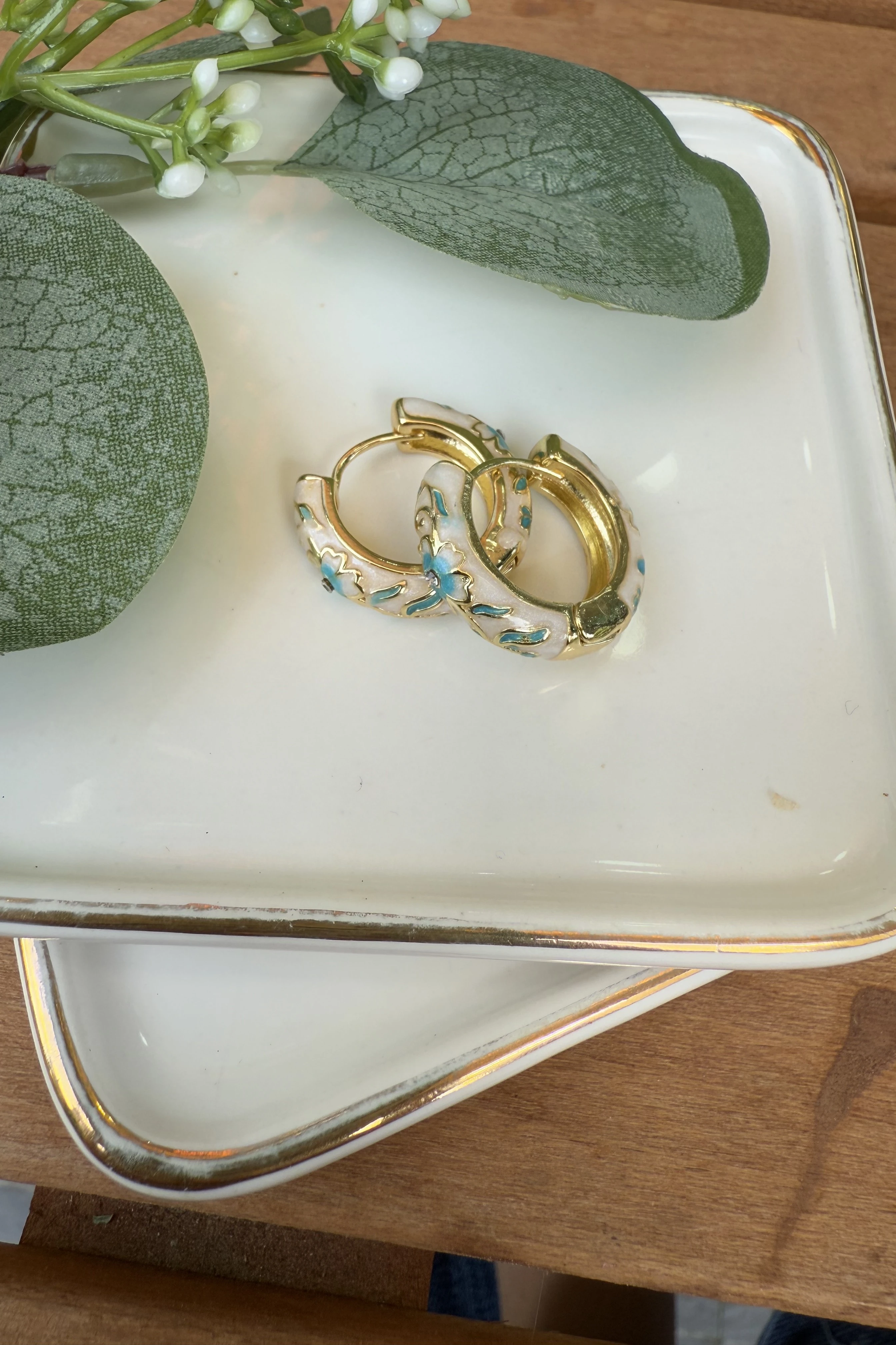 14K Altın Kaplama Mavi & Krem Mineli Lisa Küpe