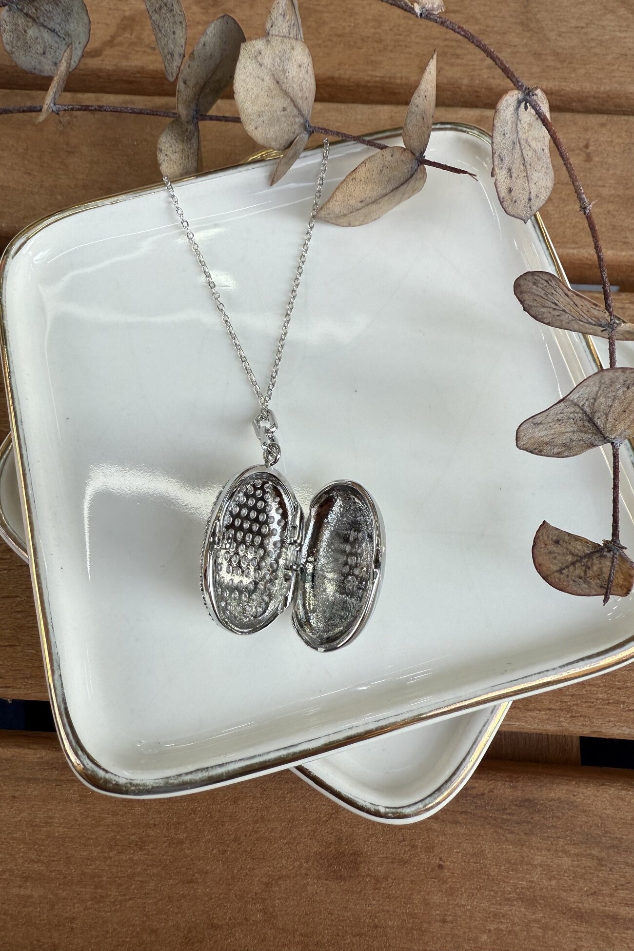14K Altın Kaplama Zirkon Taşlı Oval Plaka Üzeri Madalyon Kolye Silver 56cm