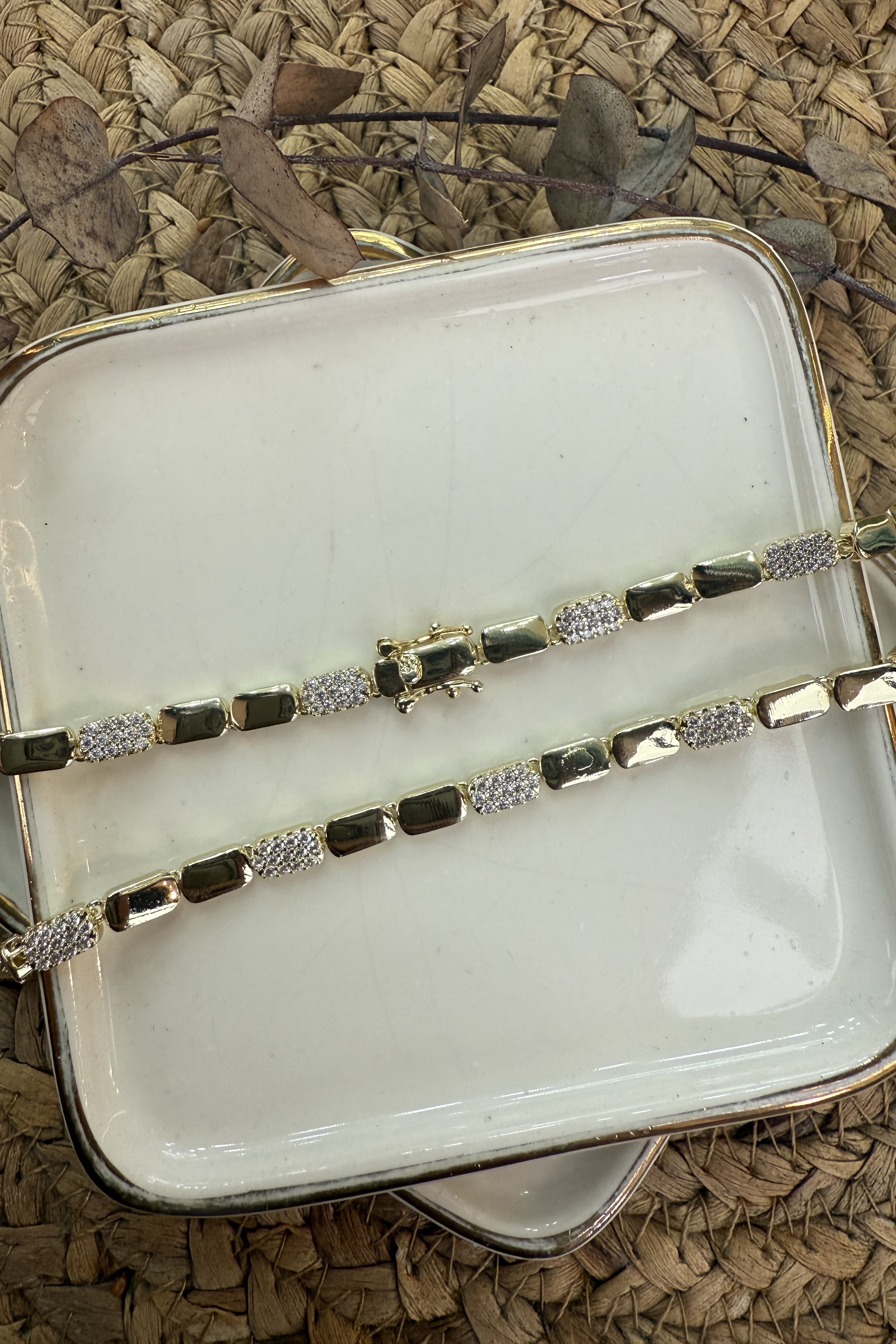 14K Altın Kaplama Plaka, Taşlı Plaka Marka Kolye 46cm