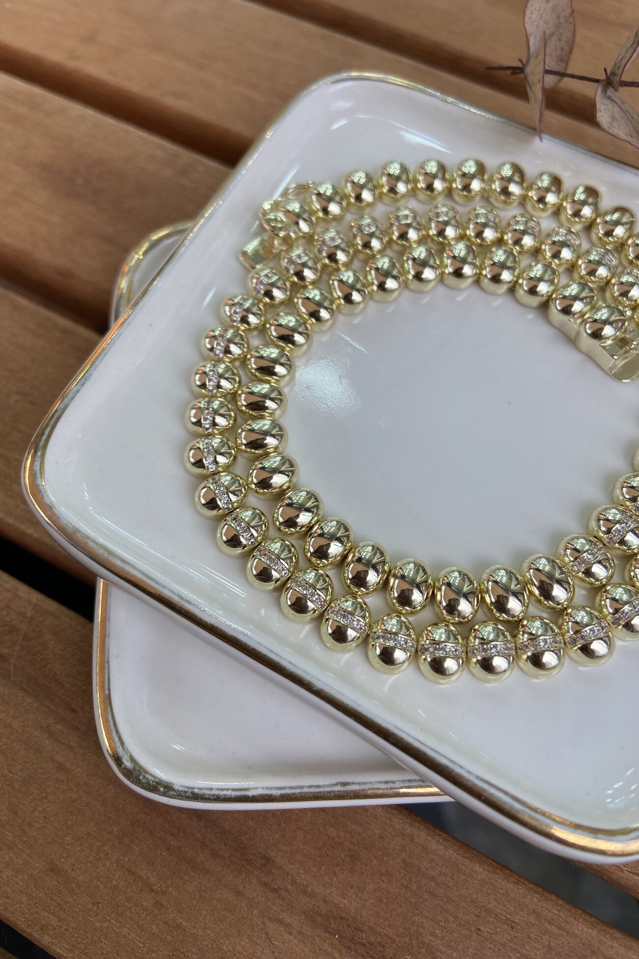 14K Altın Kaplama Ortası Taşlı Plakalar Kolye 45cm