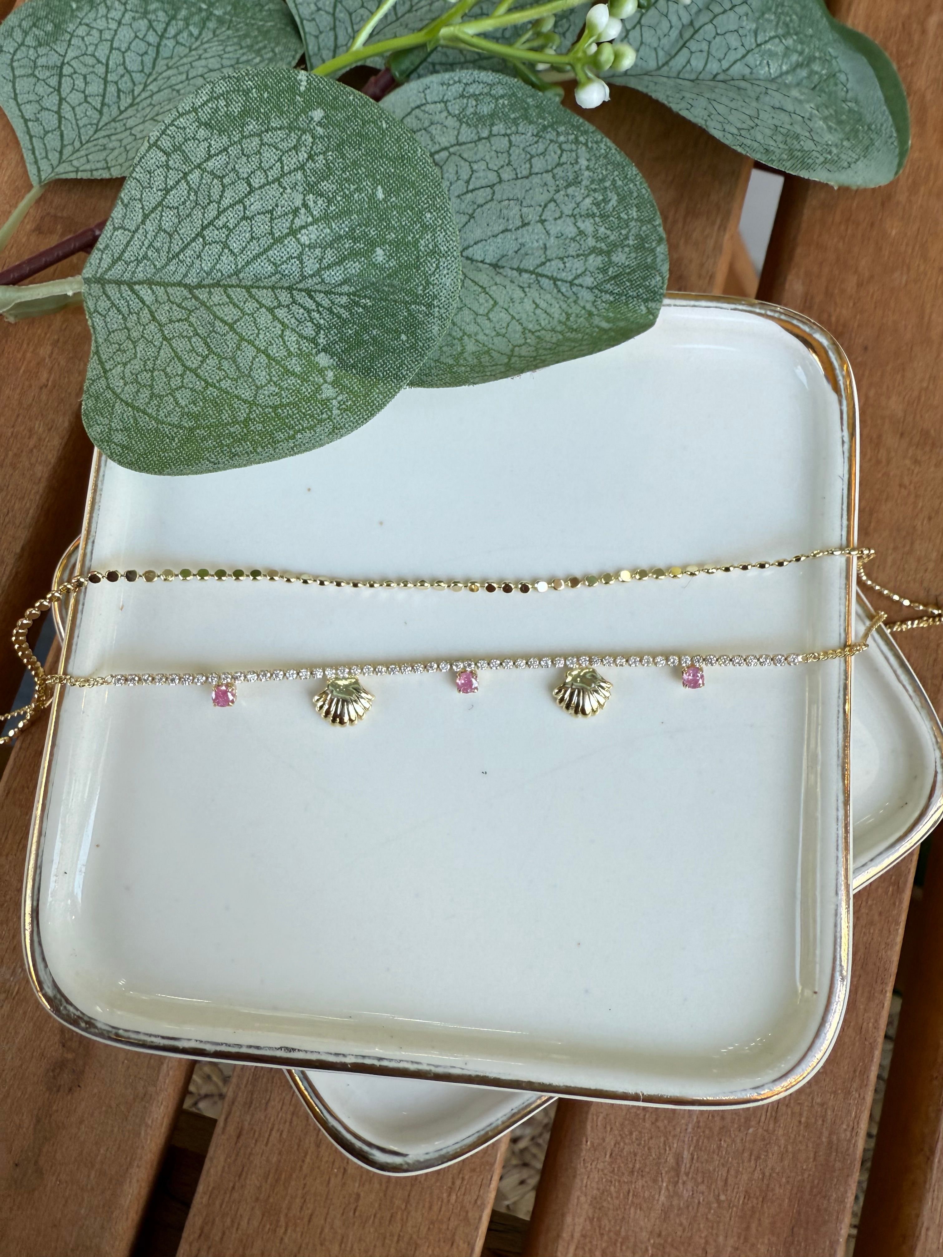 14K Altın Kaplama Pembe Taşlı Midye, Ezme Zincir Halhal 25cm
