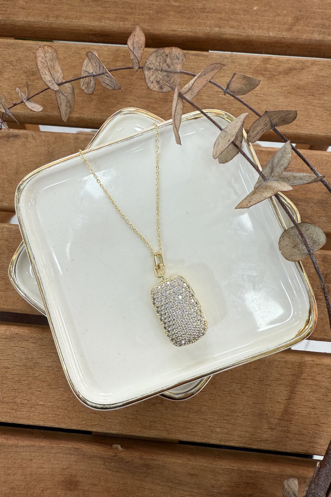 14K Altın Kaplama Zirkon Taşlı Dikdörtgen Plaka Üzeri Madalyon Kolye Gold 58cm