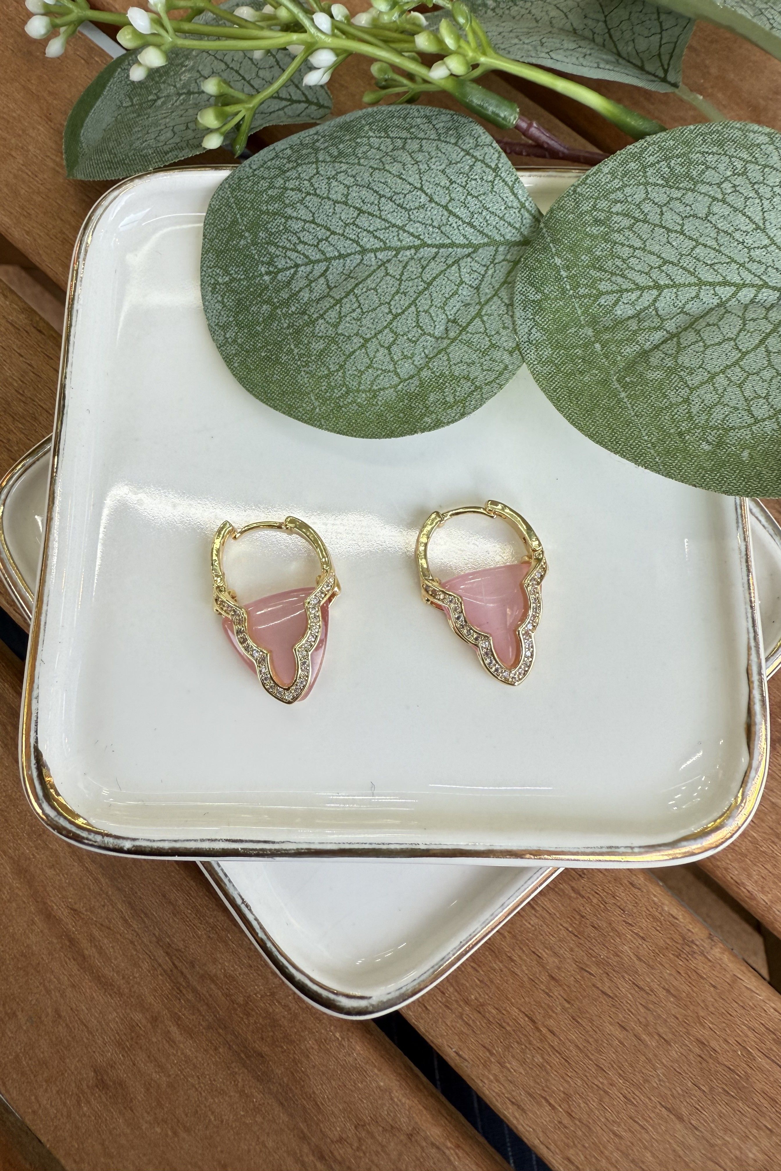 14K Altın Kaplama Pembe Doğal Taşlı Tasarım Küpe