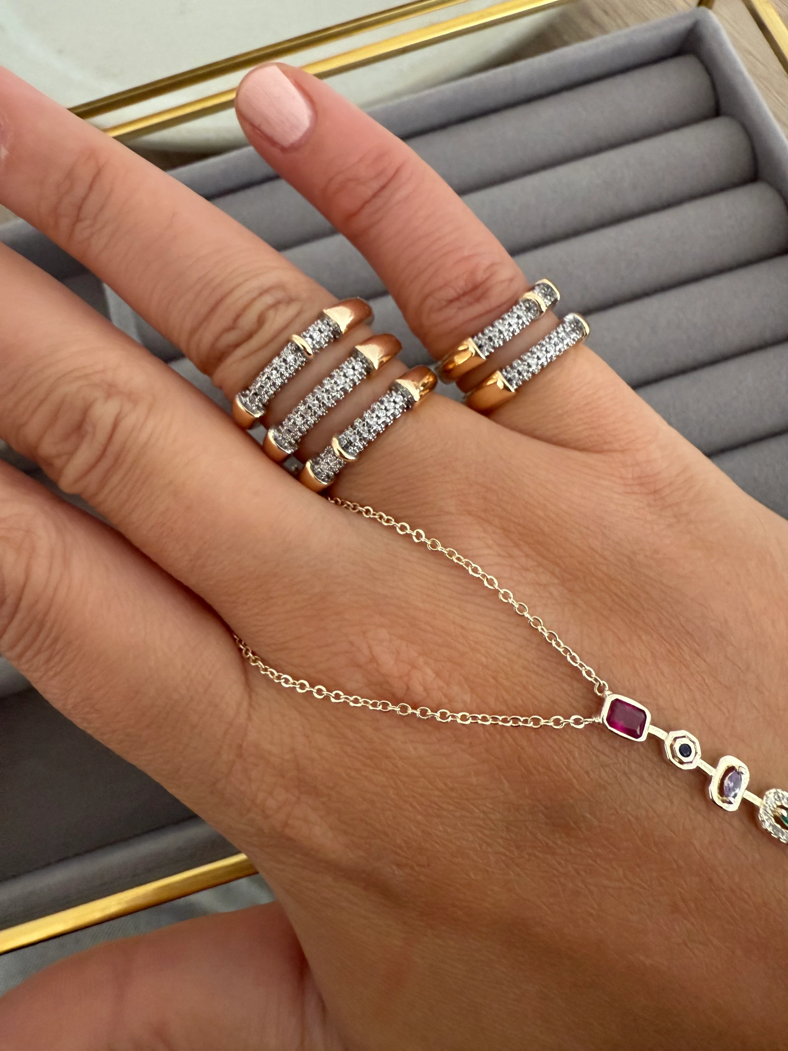 14K Altın Kaplama Üç Sıra Şeritli 2'li Yüzük Seti