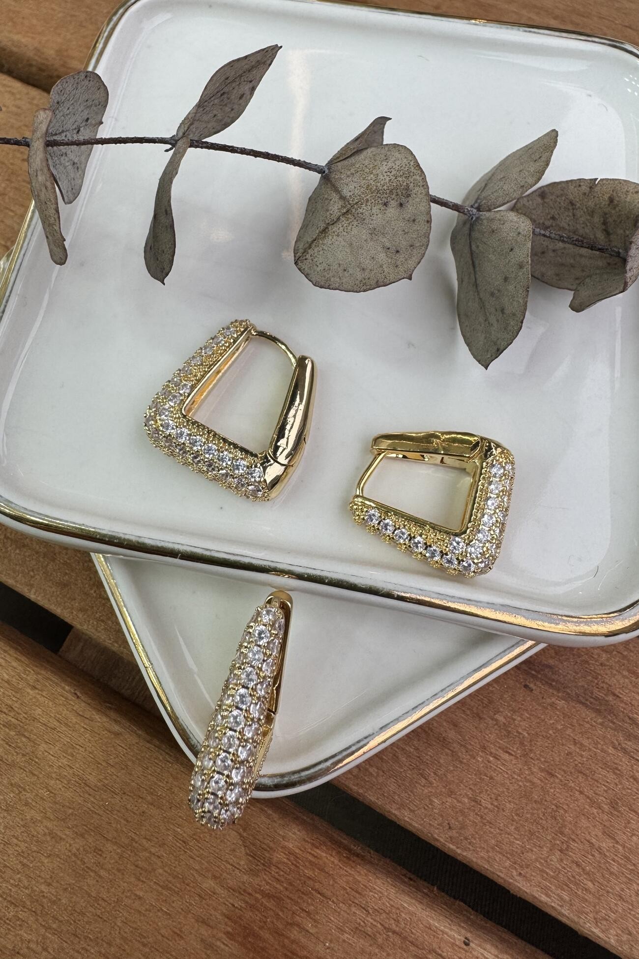 14K Altın Kaplama Zirkon Taşlı 3'lü Küpe Seti Gold