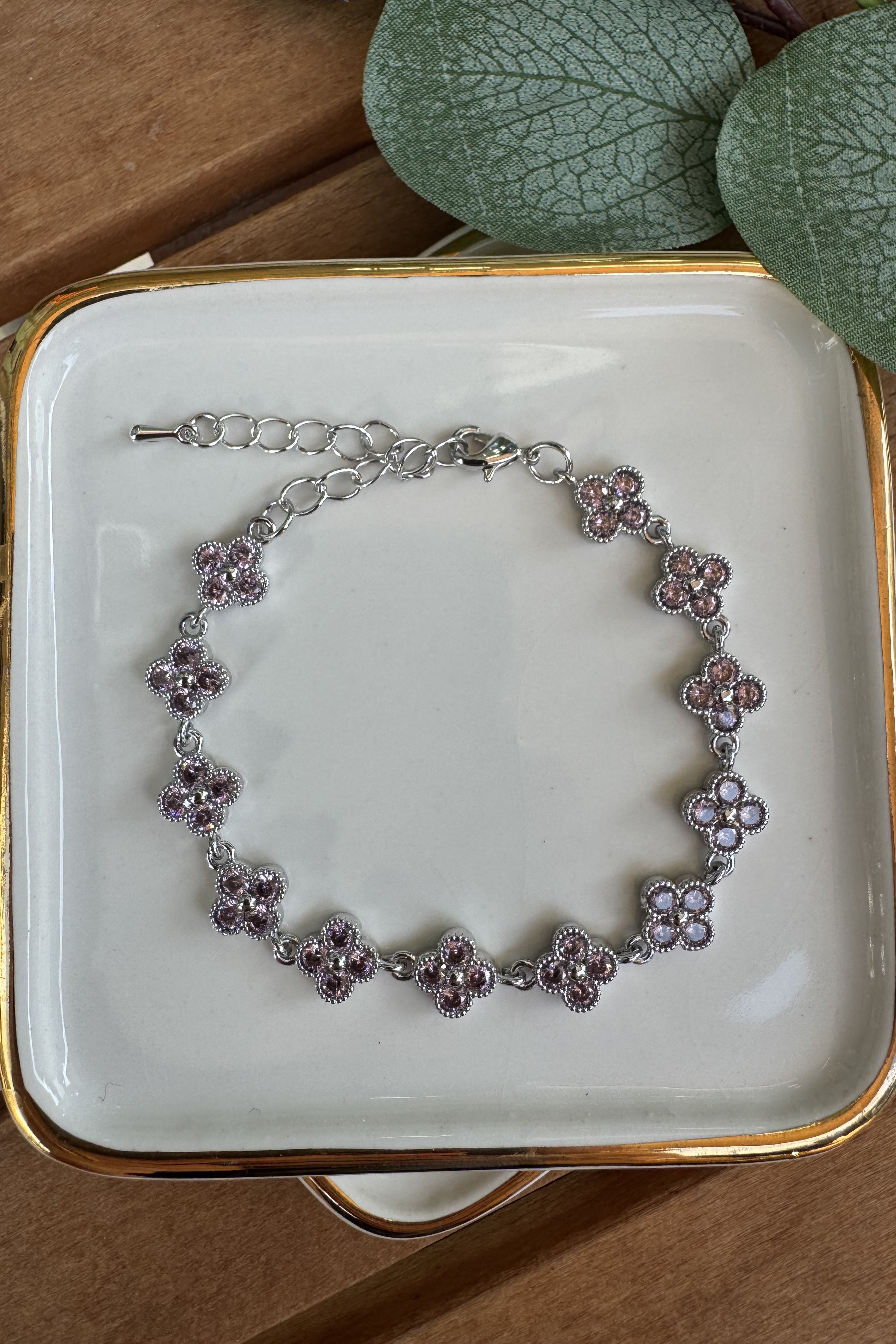 Bronz Pembe Taşlı Yonca Bileklik Silver 15+6cm