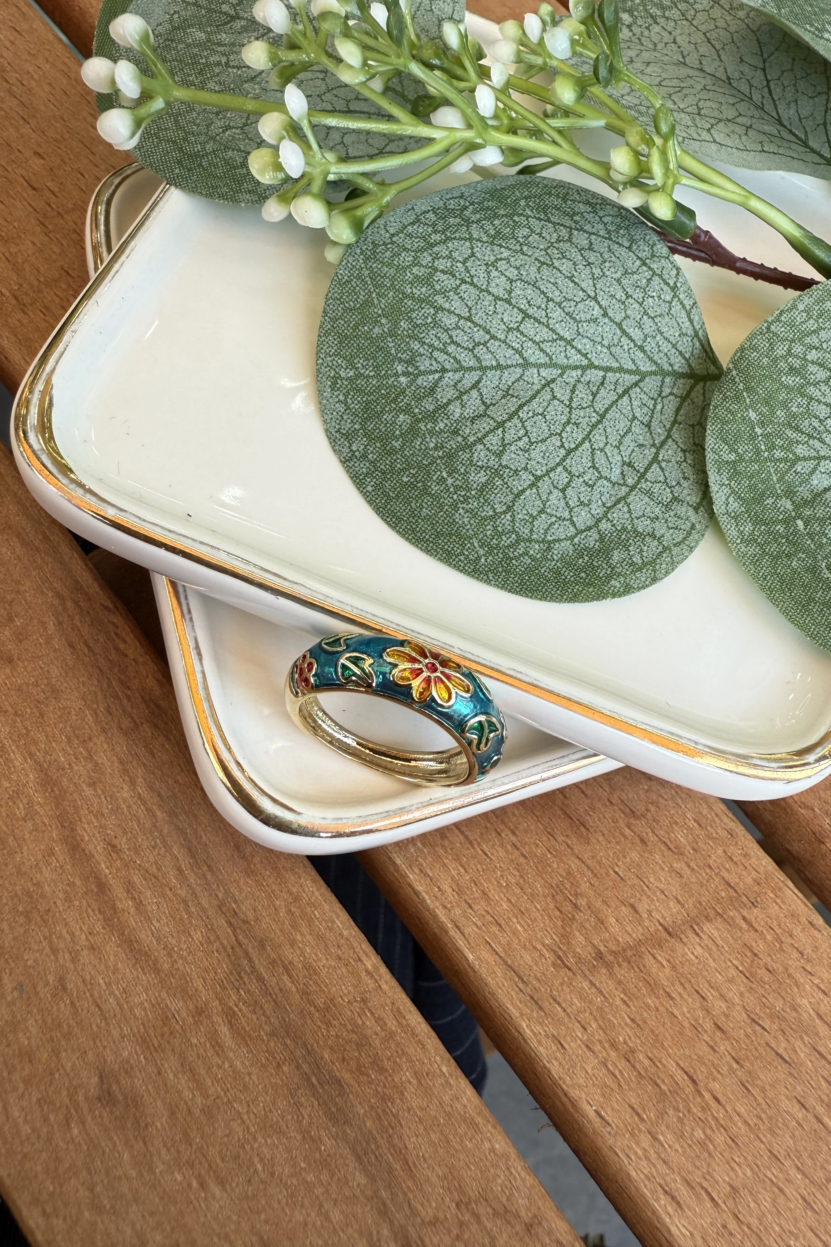 14K Altın Kaplama Mavi Mineli Çiçek Yüzük