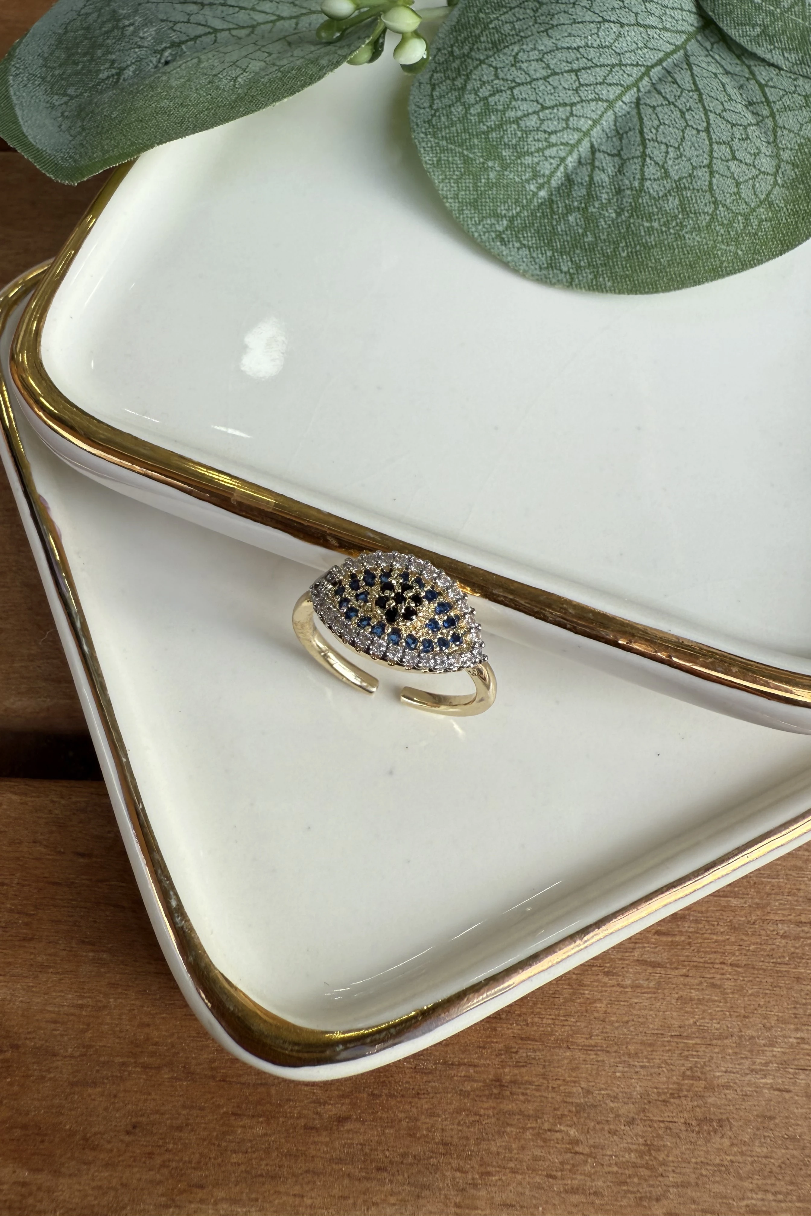 14K Altın Kaplama Siyah Göz Lacivert Çevrili Yüzük