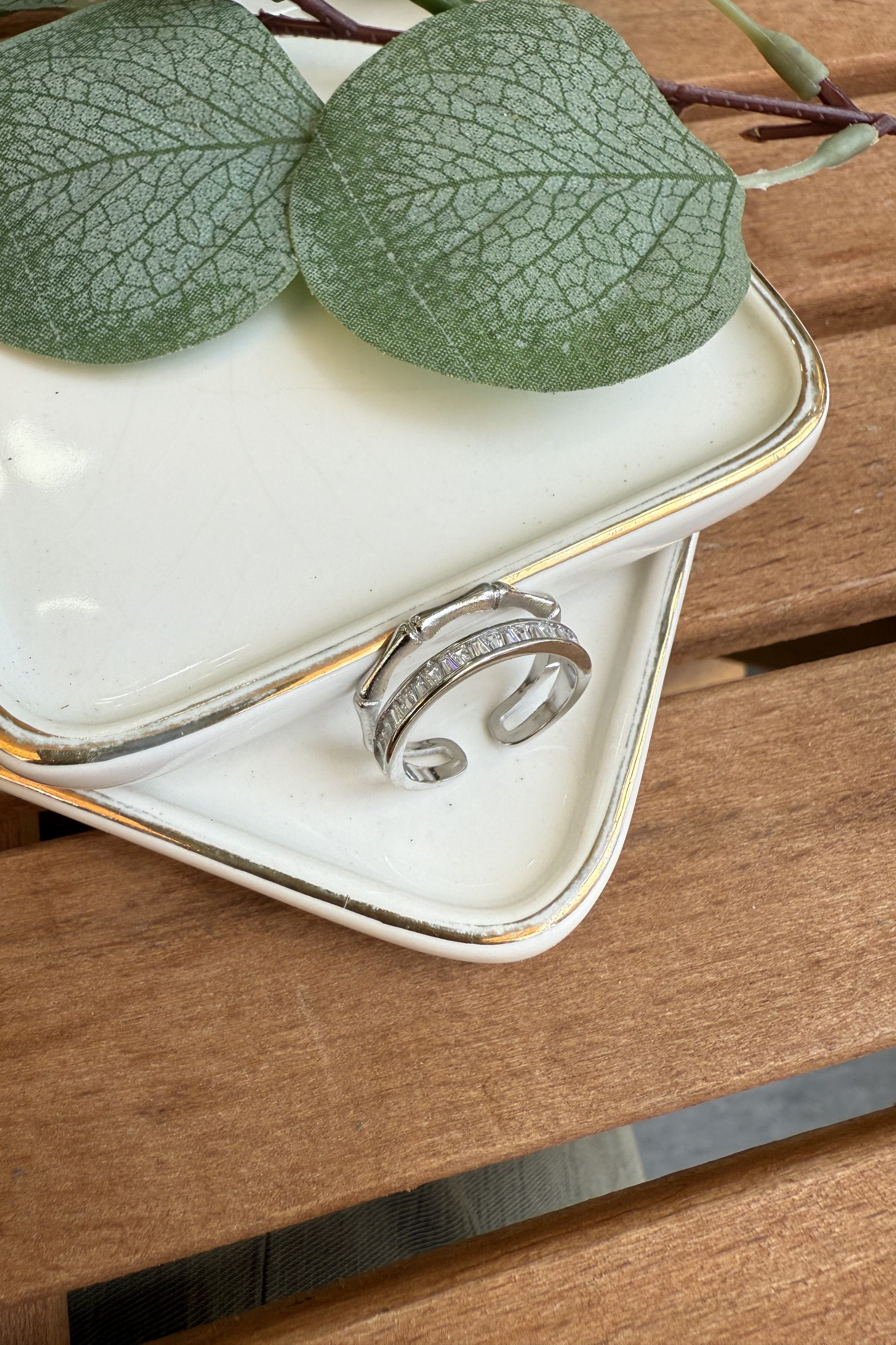 14K Altın Kaplama Kemik, Taşlı İkili Yüzük Silver