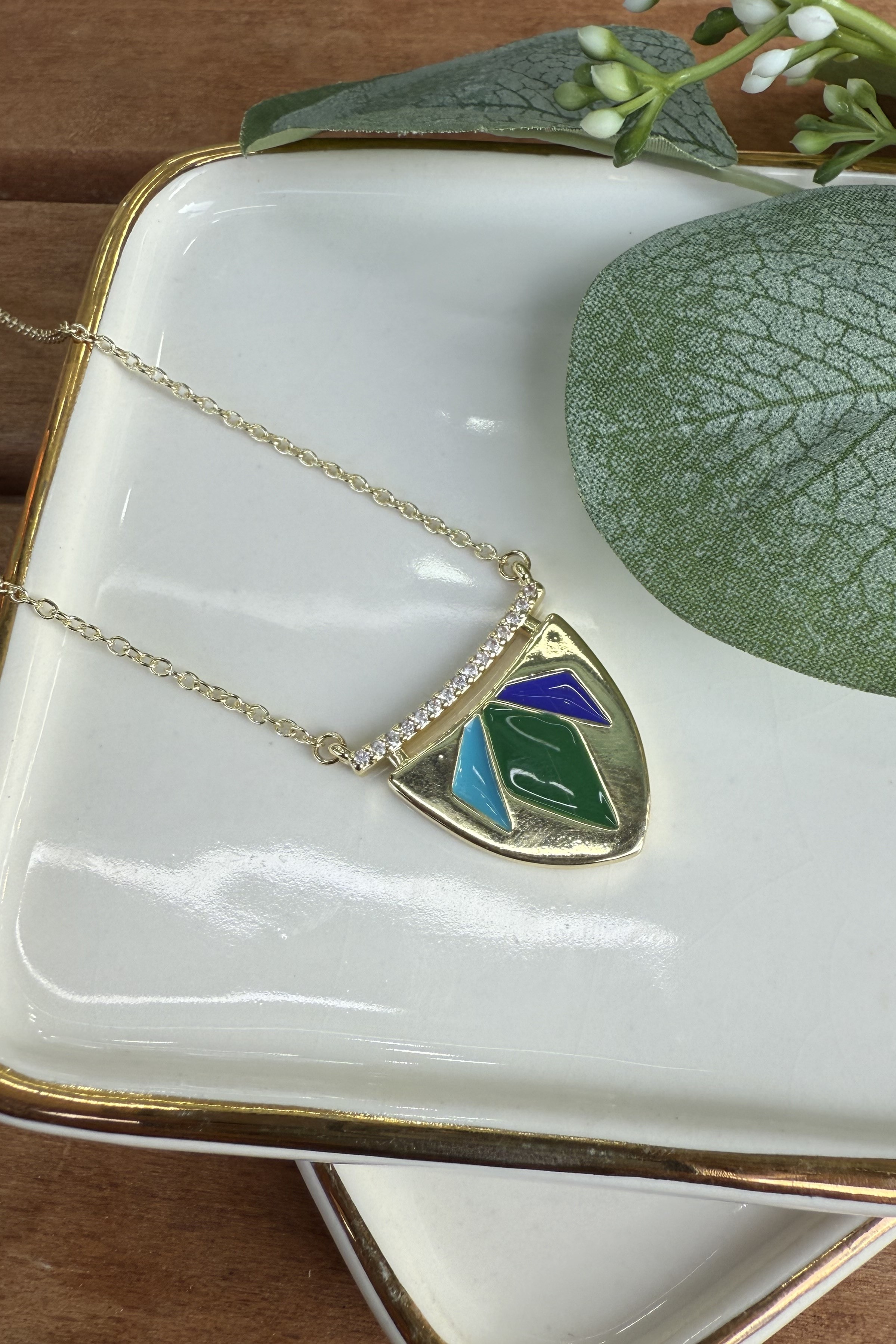 14K Altın Kaplama Mavi Etnik Üçgen Kolye 44+5cm