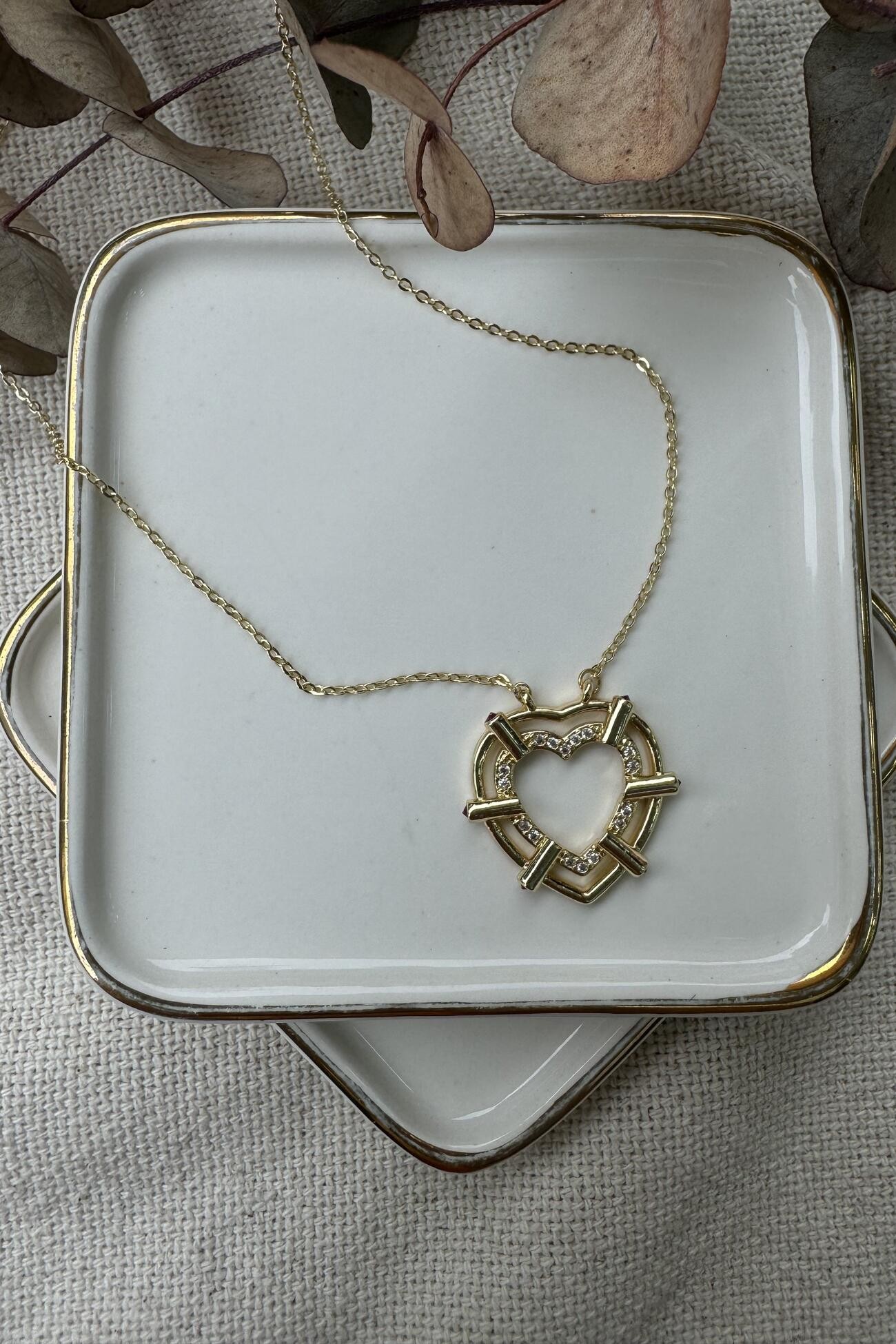 14K Altın Kaplama Kenarları Fuşya Taşlı Kalp Kolye 55cm