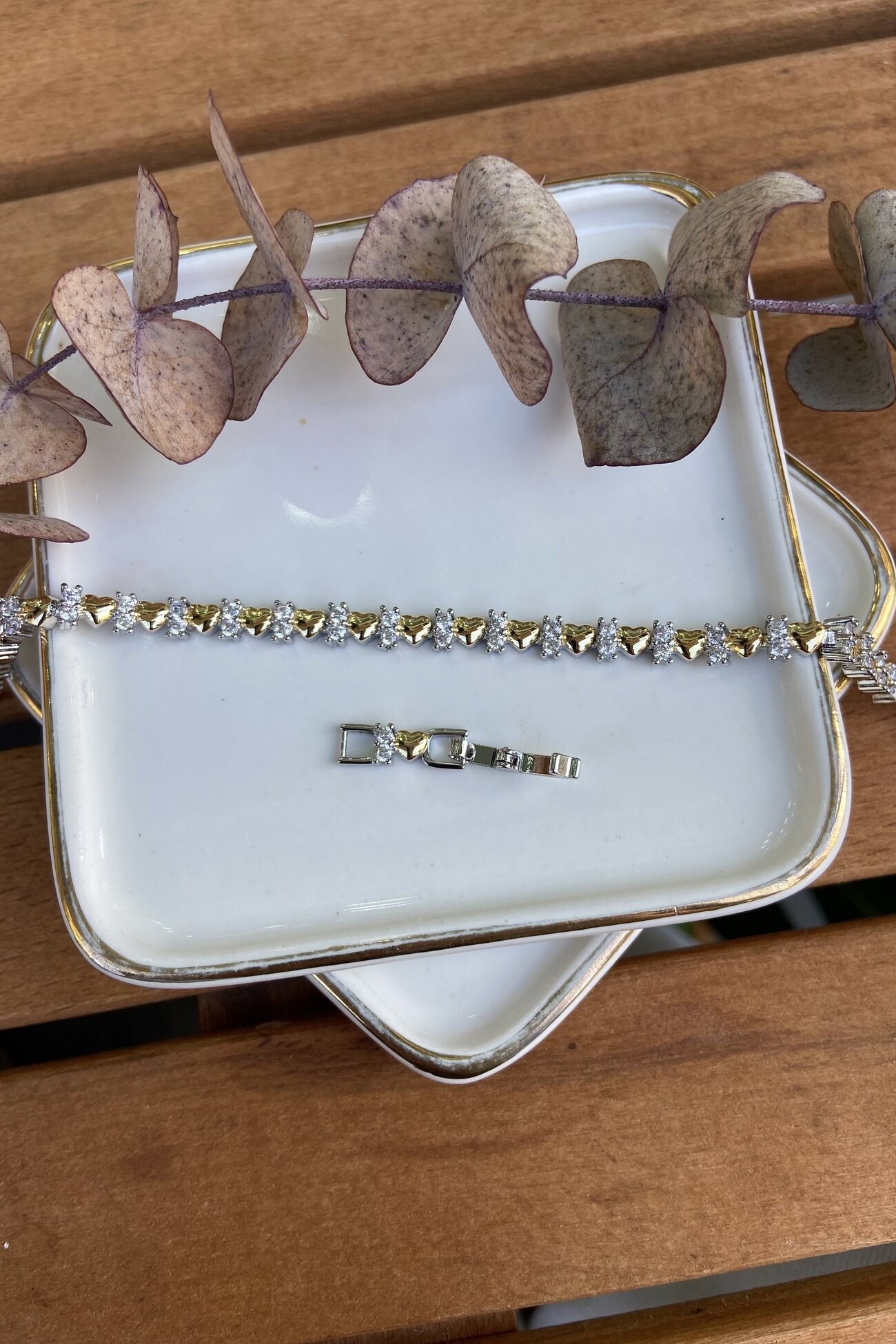 14K Altın Kaplama Çift Renk Tırtıklı Taşlı Bileklik 17+2 cm