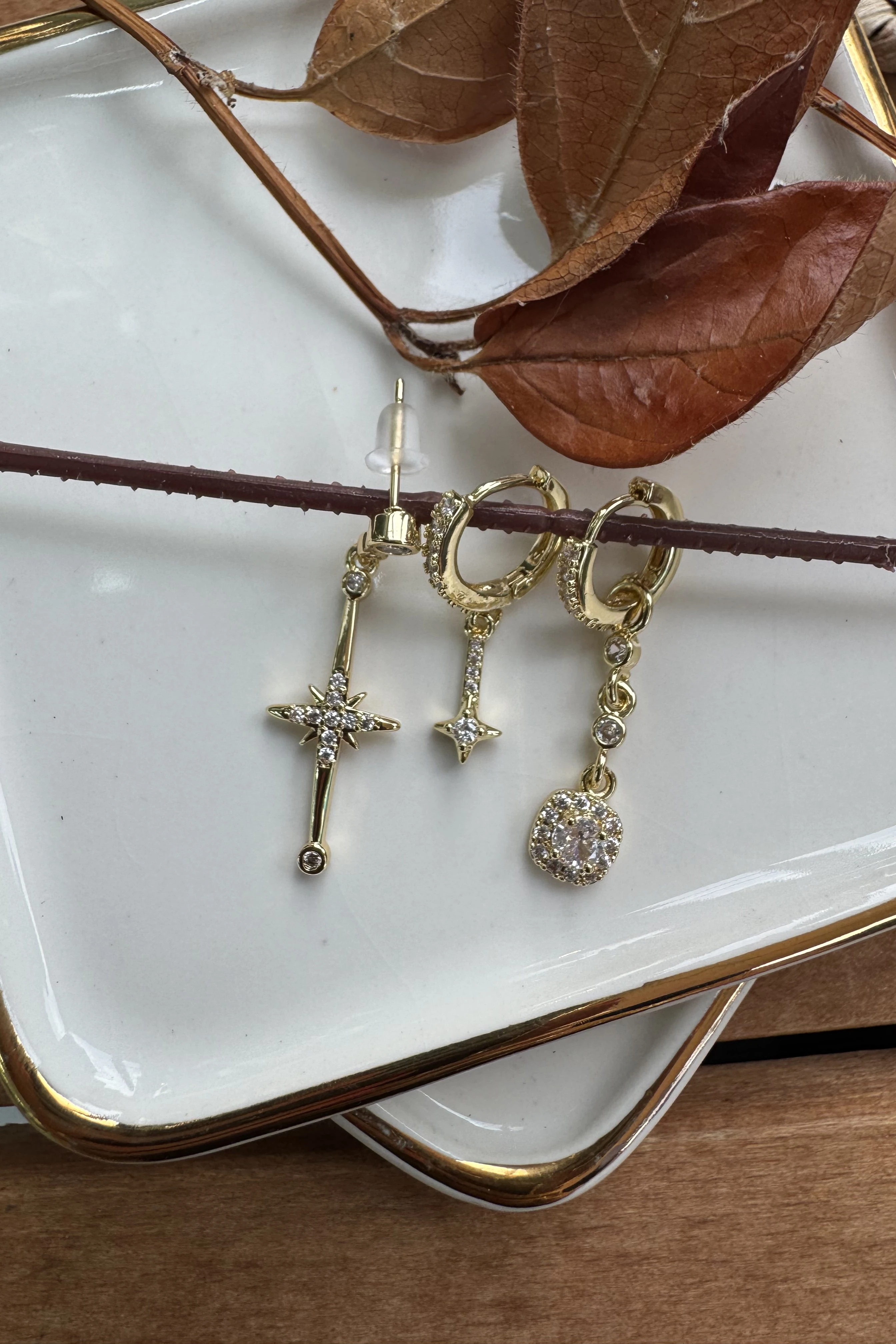 14K Altın Kaplama Yıldız 3'lü Küpe Seti Gold