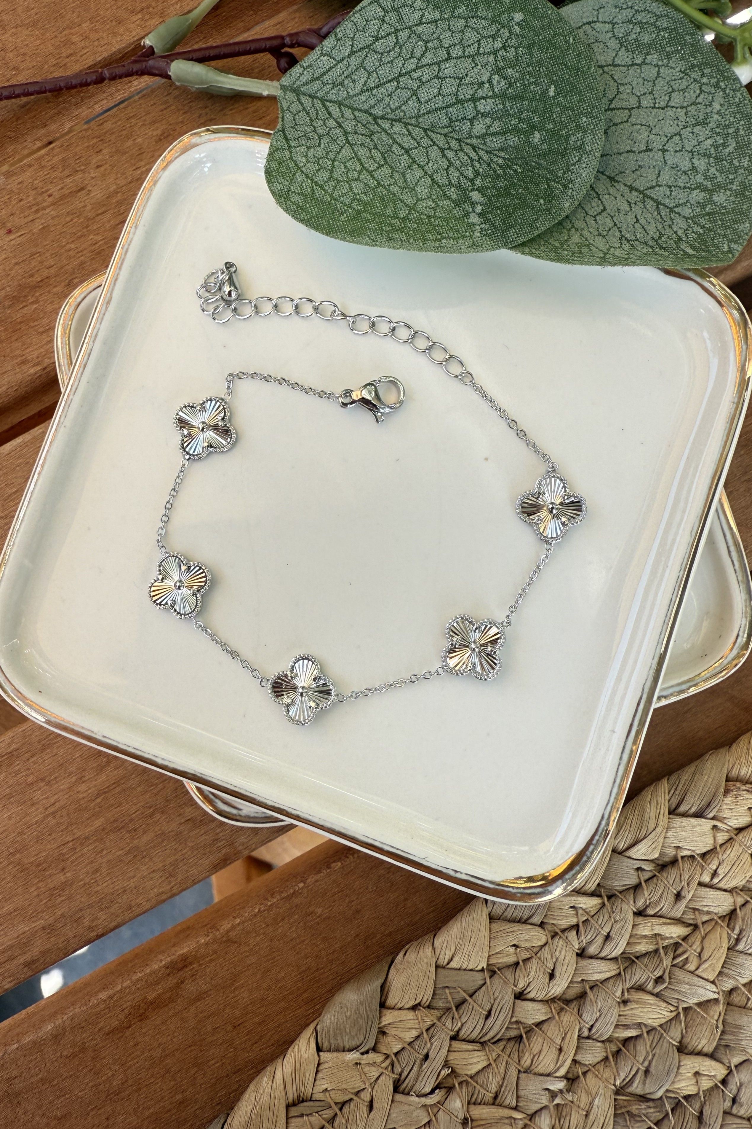 14K Altın Kaplama 5 Mini Yonca Bileklik Silver 16+6cm