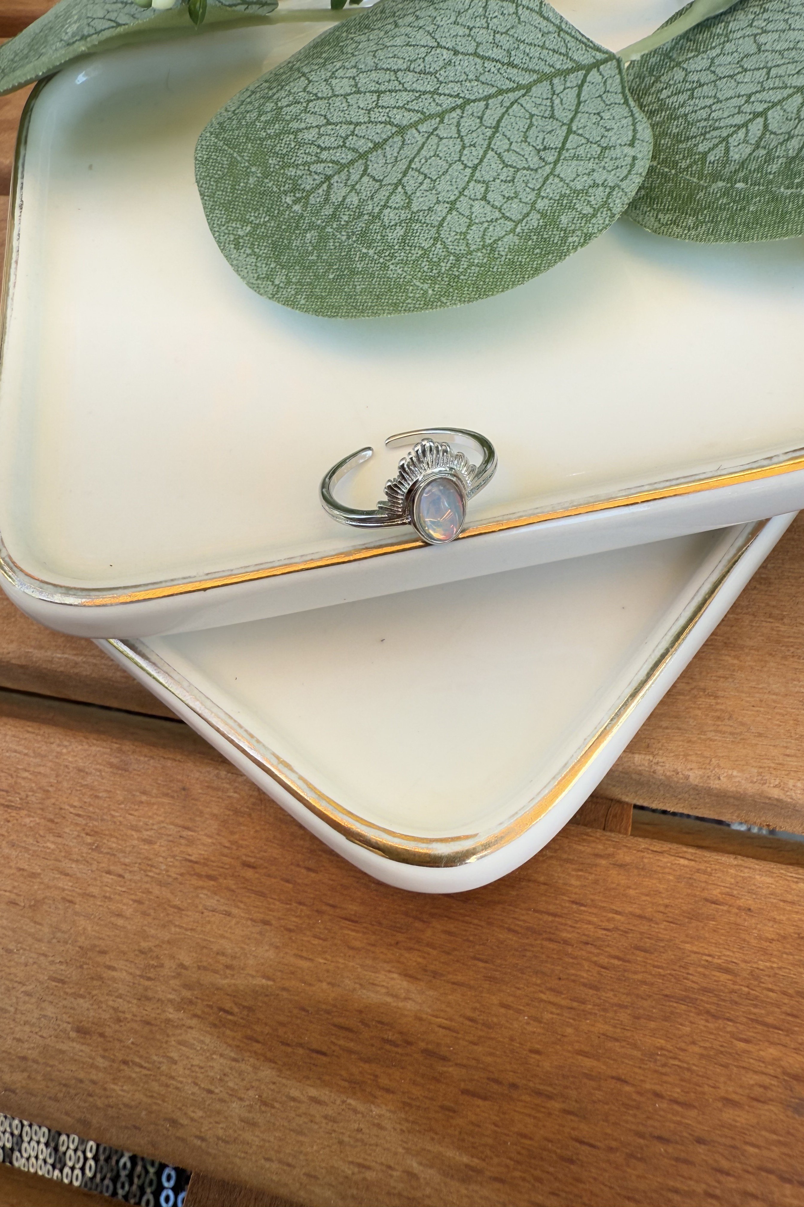 14K Altın Kaplama Taçlı Opal Serçe Parmak Yüzüğü Silver