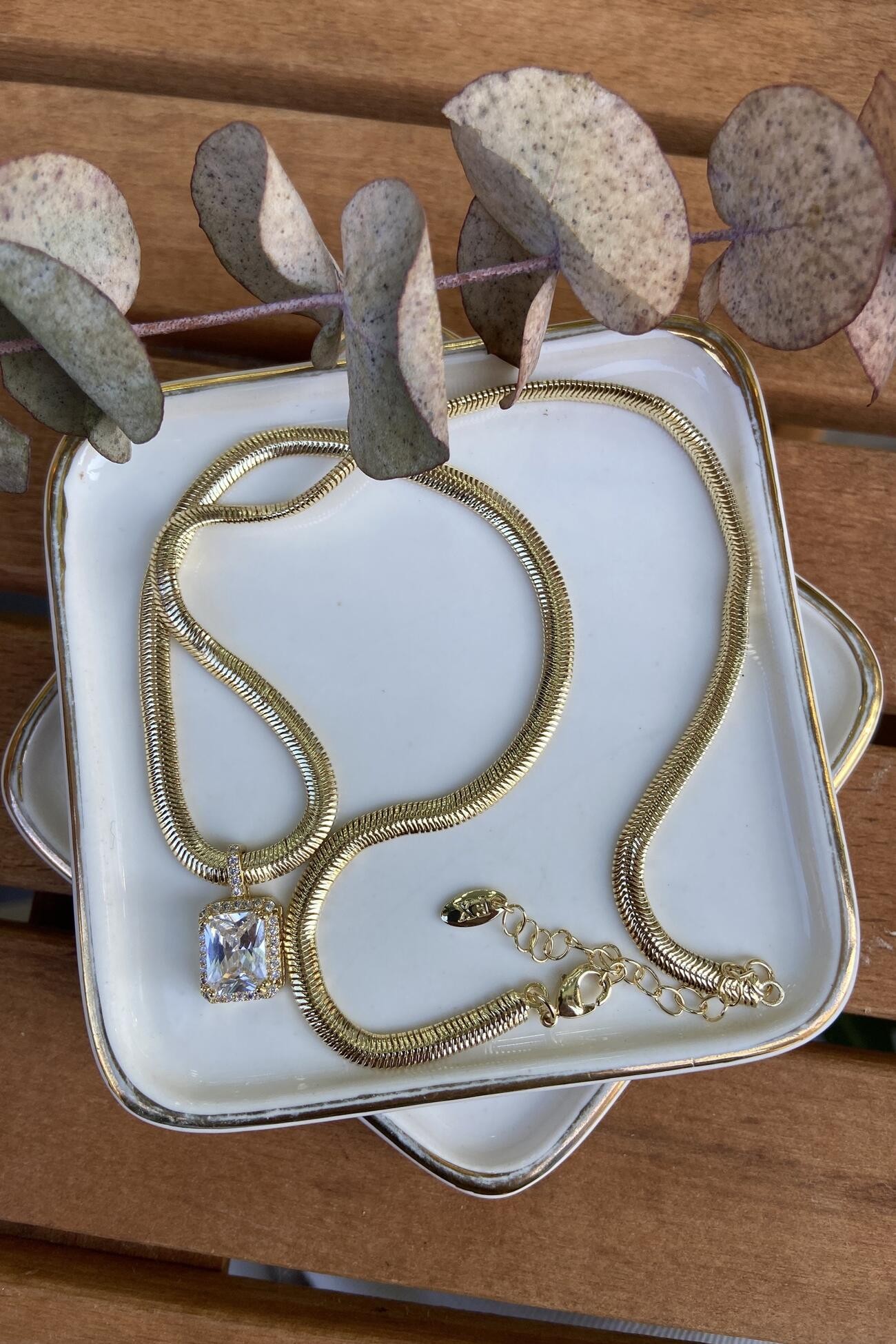 14K Altın Kaplama Kalın Yılan Zincirde Baget Kolye 50cm