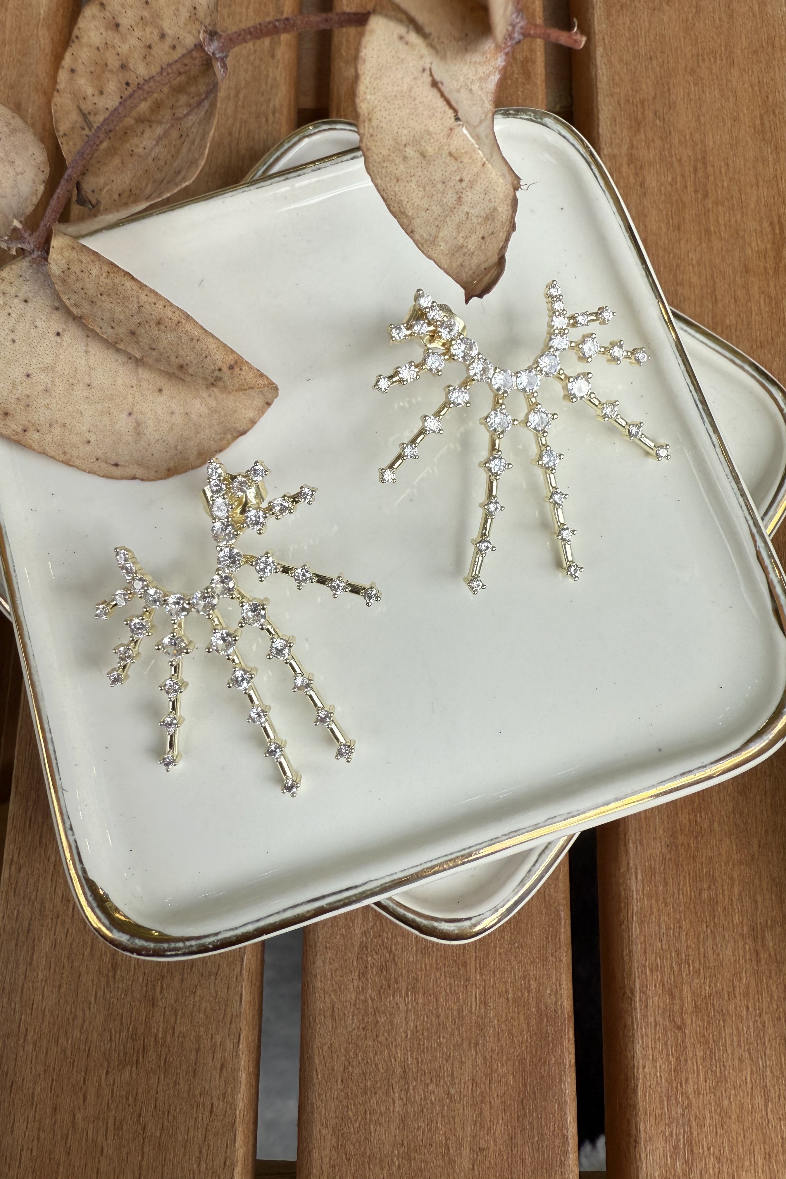 14K Altın Kaplama Taşlı Yarım Güneş Küpe Gold