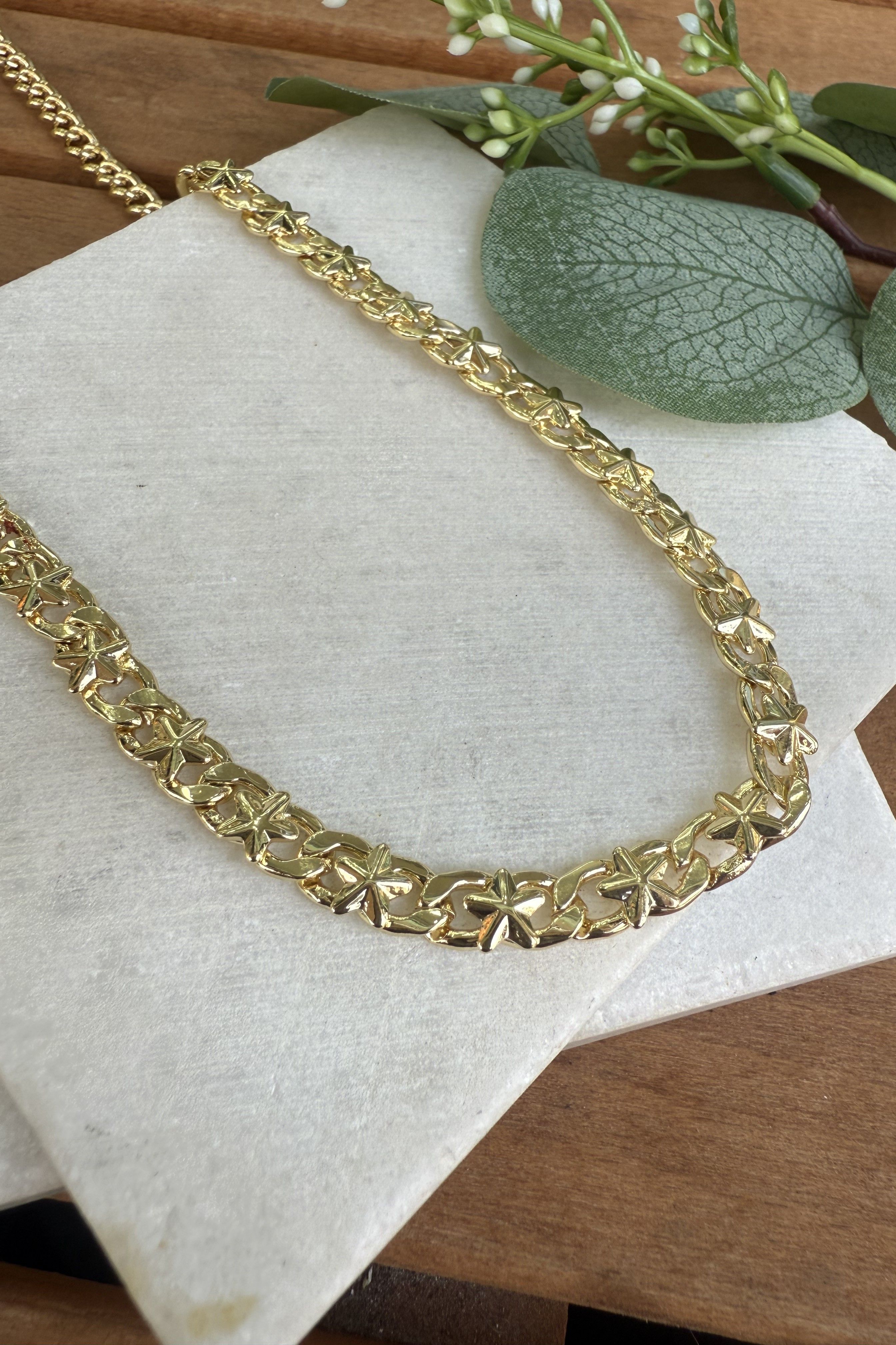 14K Altın Kaplama Üstü Yıldızlı Zincir Kolye 55cm