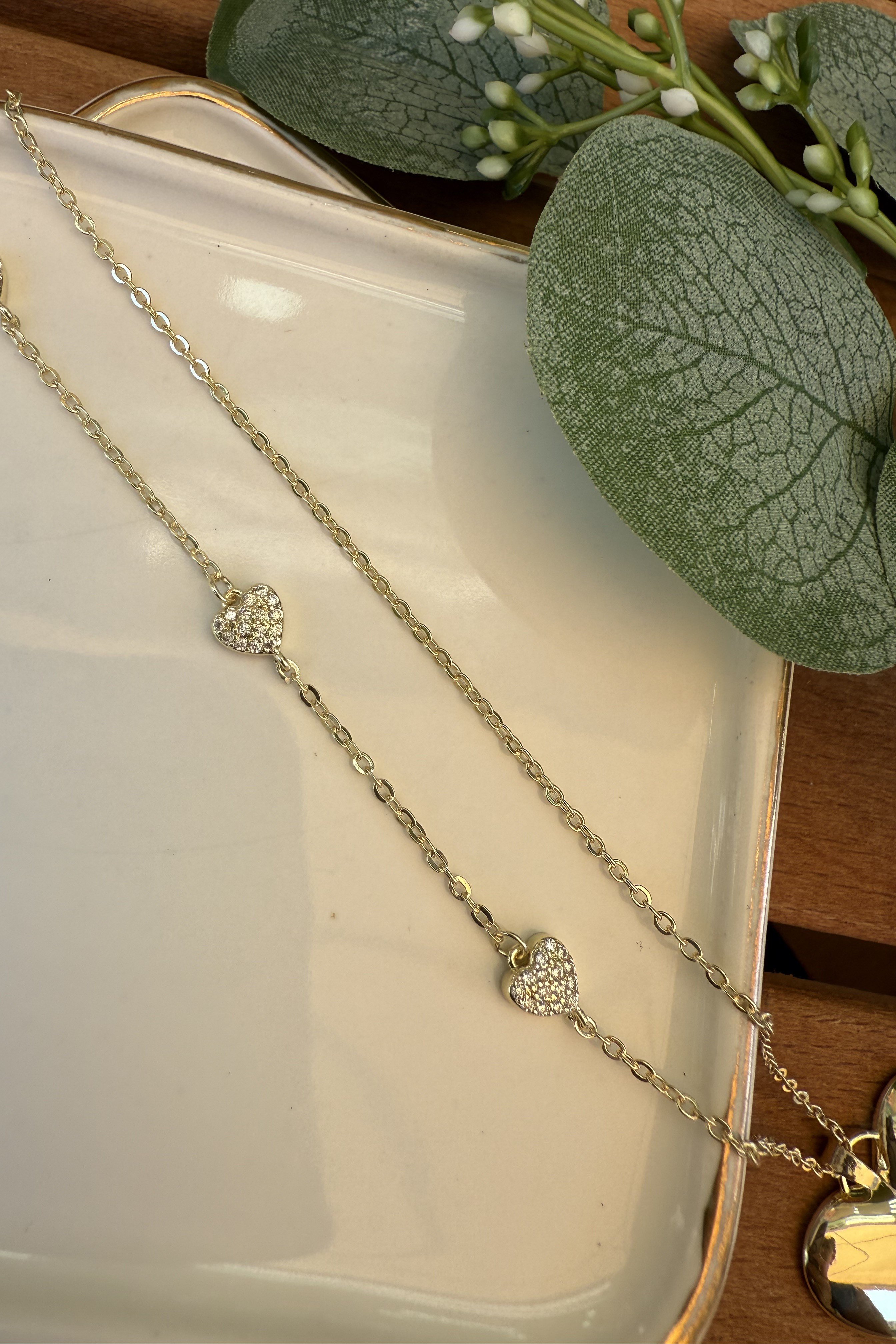 14K Altın Kaplama Kalpli Zincirli Kalp Kolye 50cm