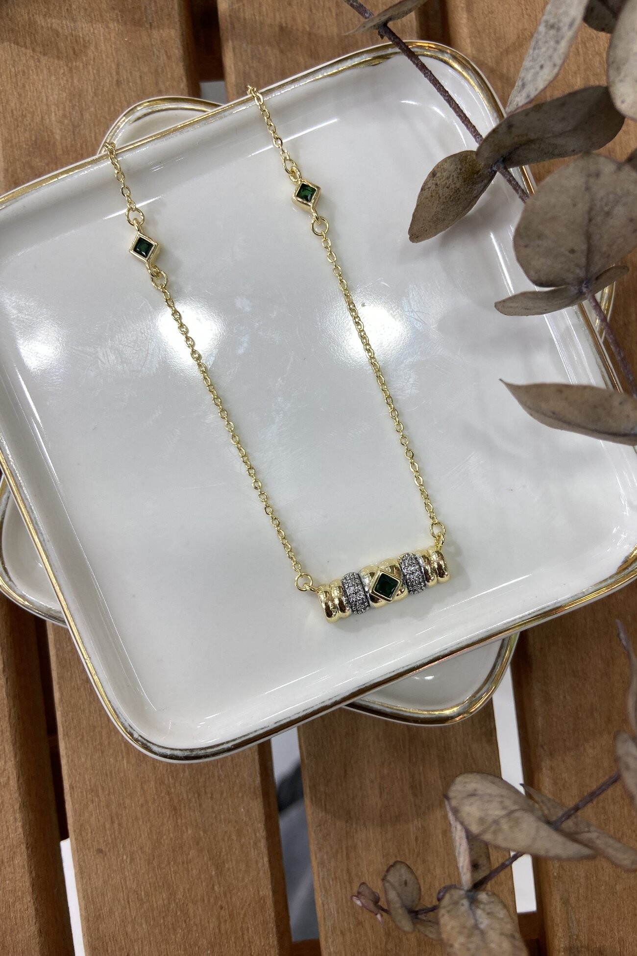 14K Altın Kaplama Yeşil Taşlı Etnik Kolye 53cm