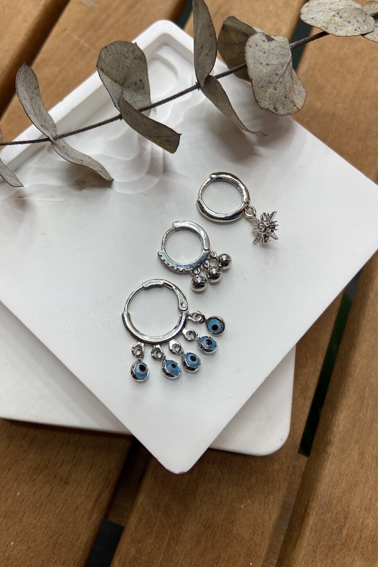 Nazar Sallantılı 3'lü Küpe Seti Silver
