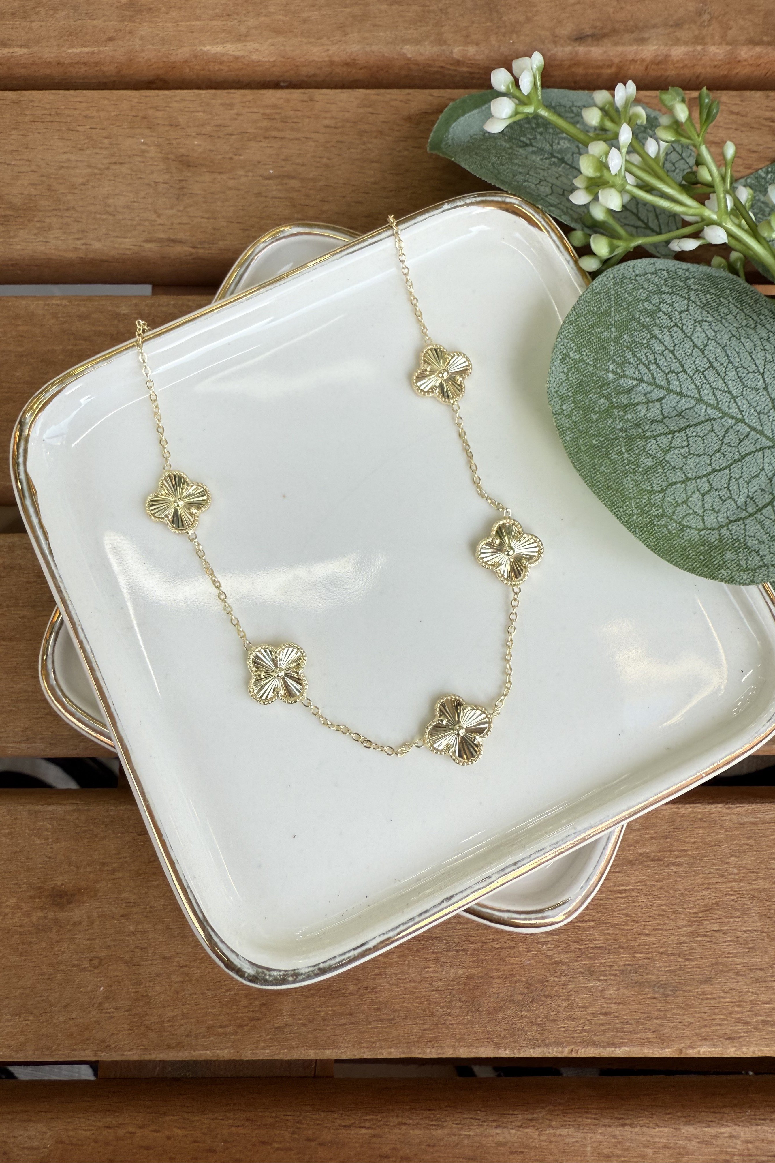 14K Altın Kaplama 5'li Yonca Kolye Gold 48cm