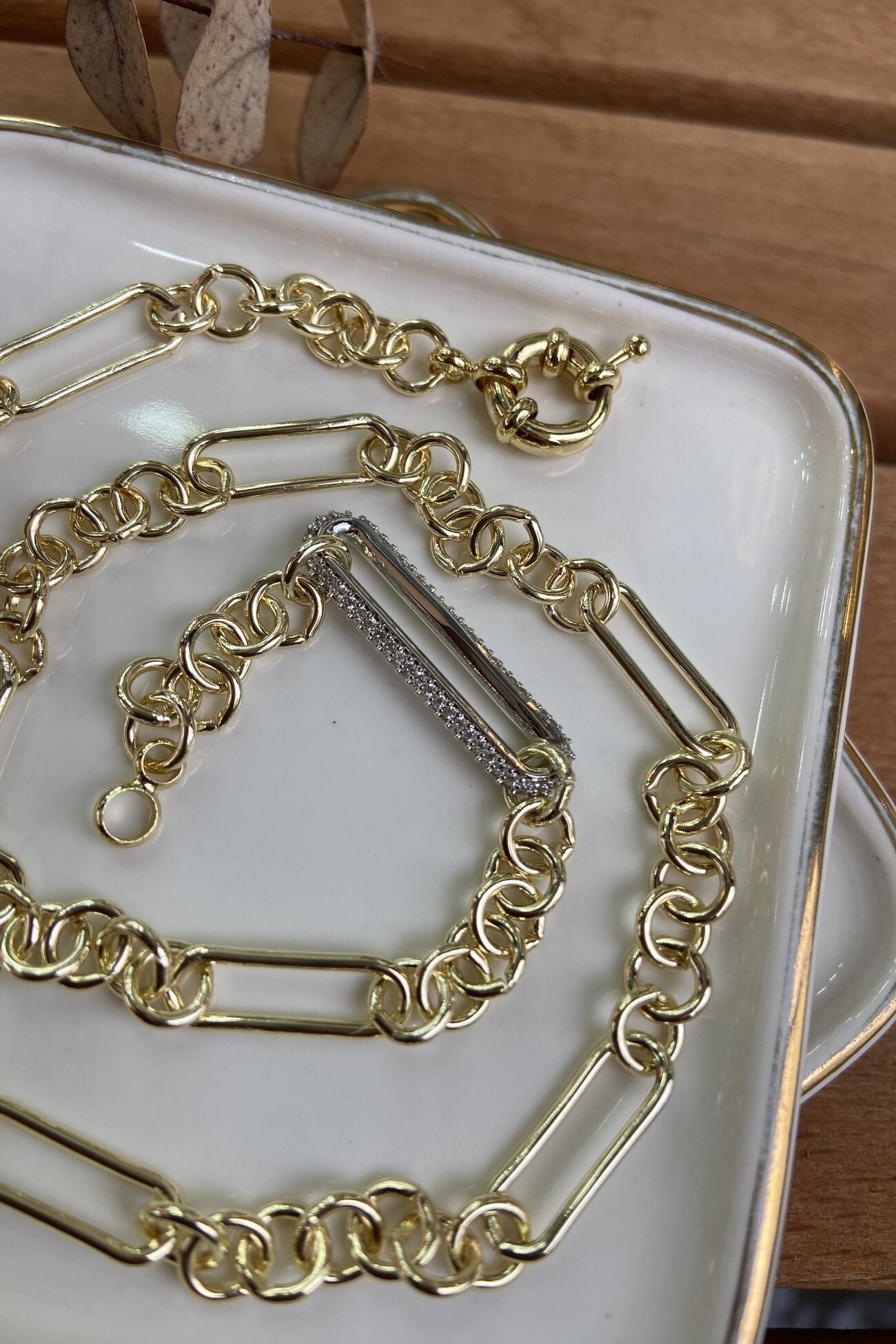 14K Altın Kaplama Taşlı Çubuk Zincir Kolye 45cm