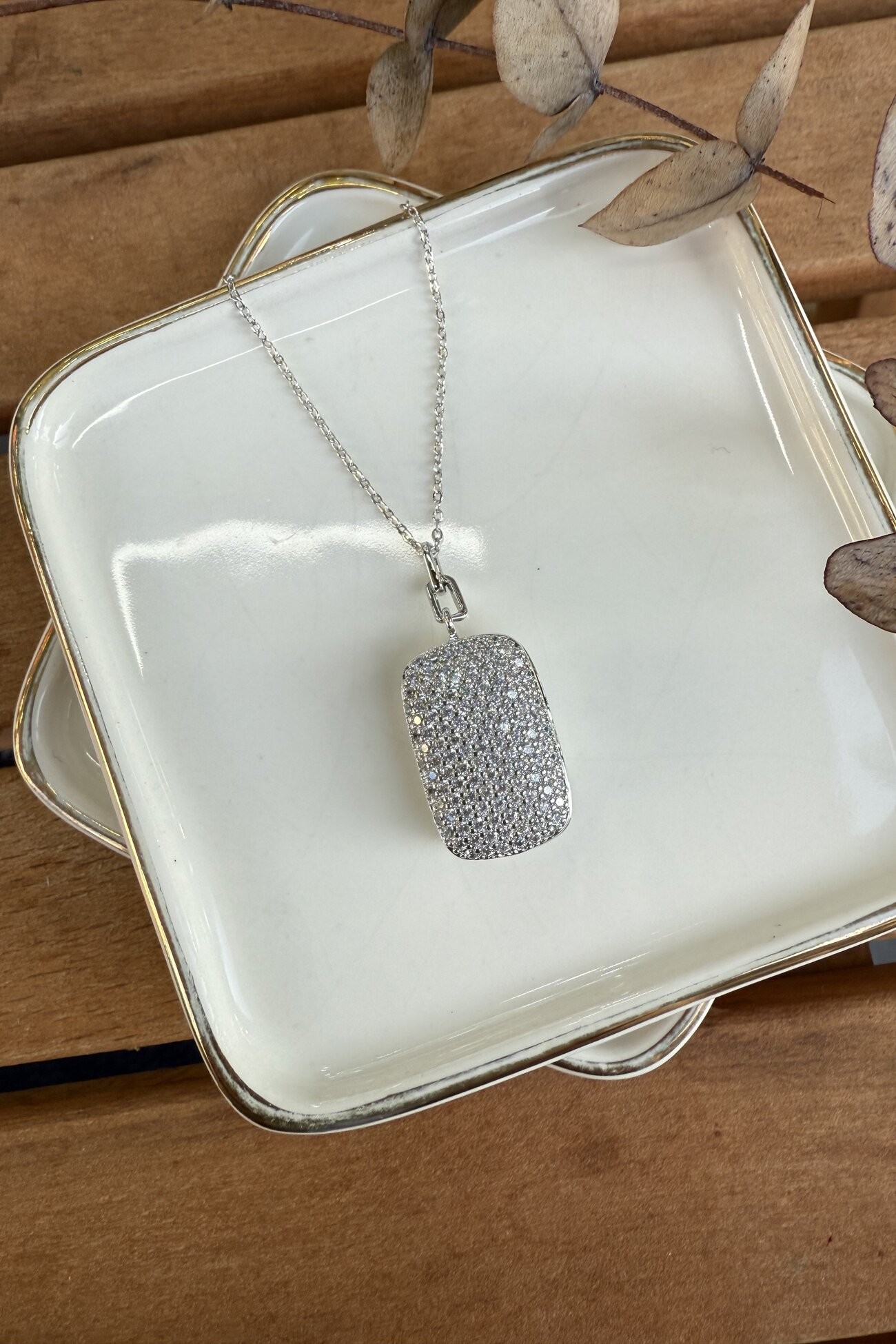 14K Altın Kaplama Zirkon Taşlı Dikdörtgen Plaka Üzeri Madalyon Kolye Silver 58cm