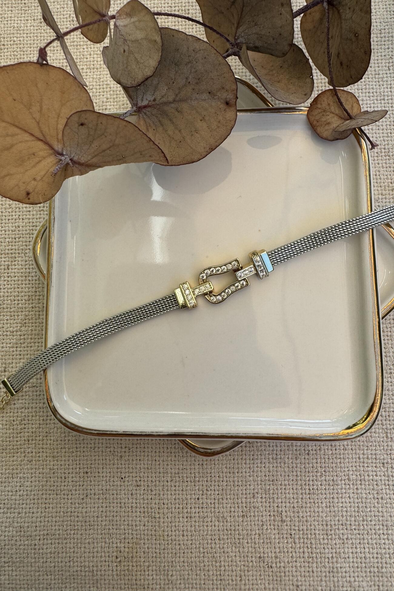 14K Altın Kaplama Taşlı Nal Marka Hasır Bileklik 16+4cm