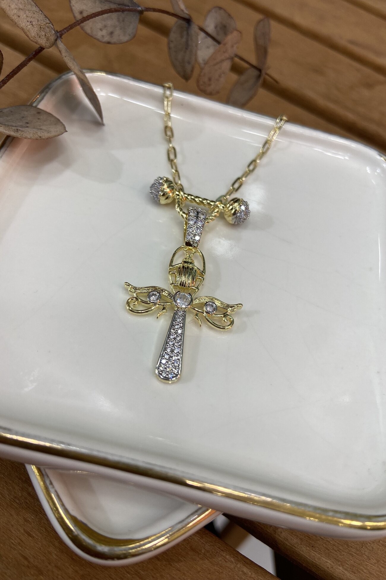 14K Altın Kaplama Taşlı Ankh Kolye 52cm