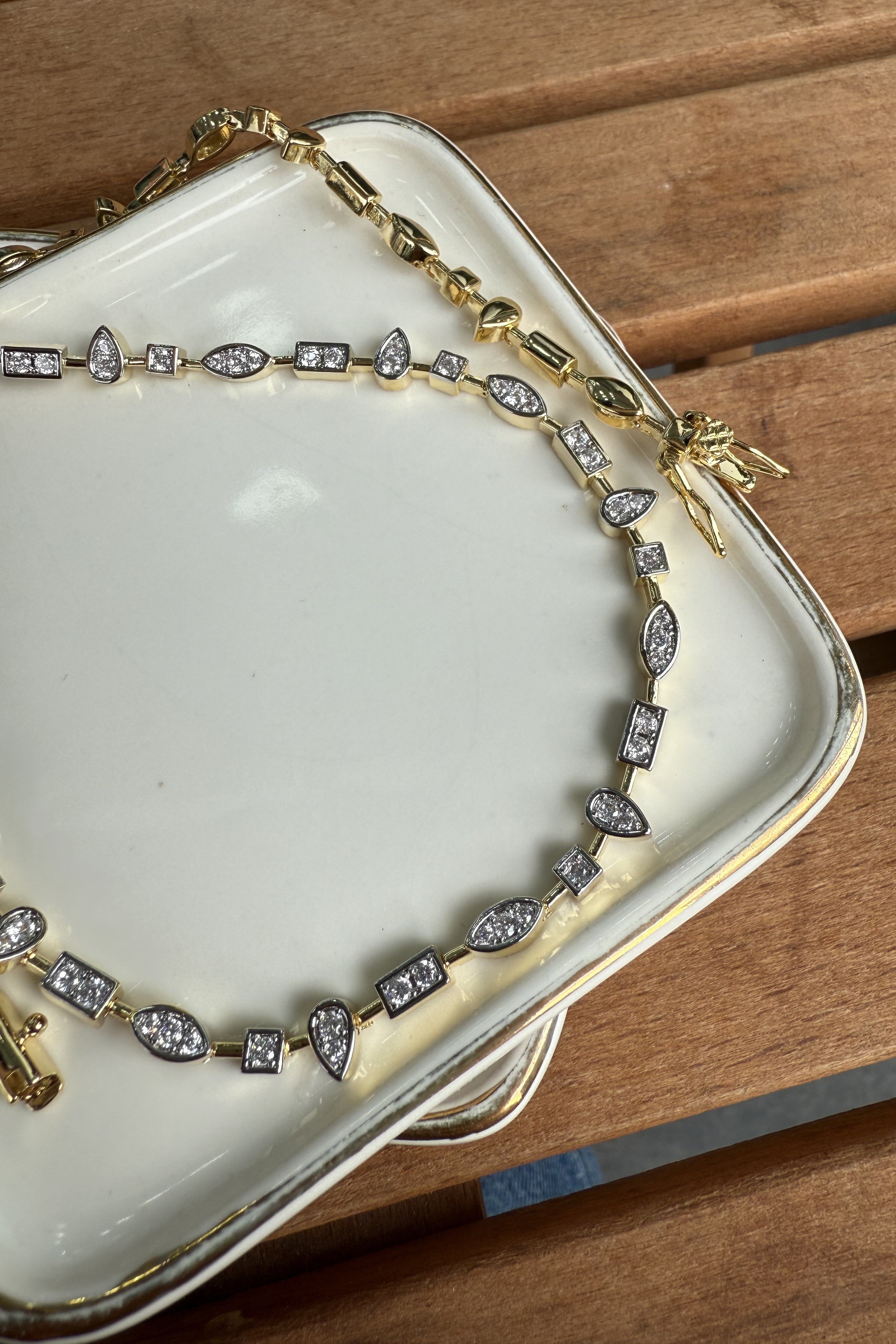 14K Altın Kaplama Minik Damla&Kare&Oval Taşlı Kolye 46cm