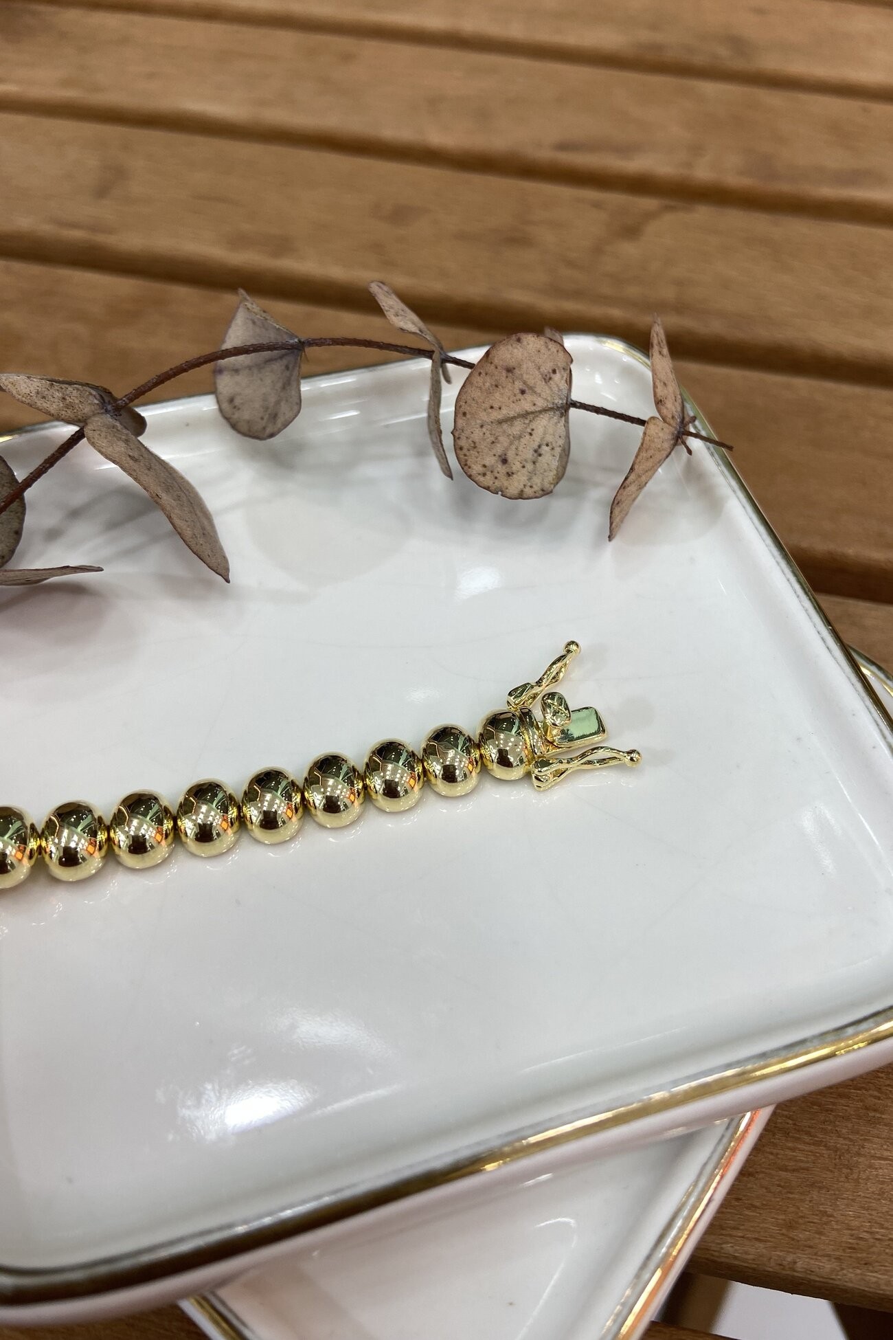 14K Altın Kaplama Ortası Taşlı Plakalar Bileklik 19cm