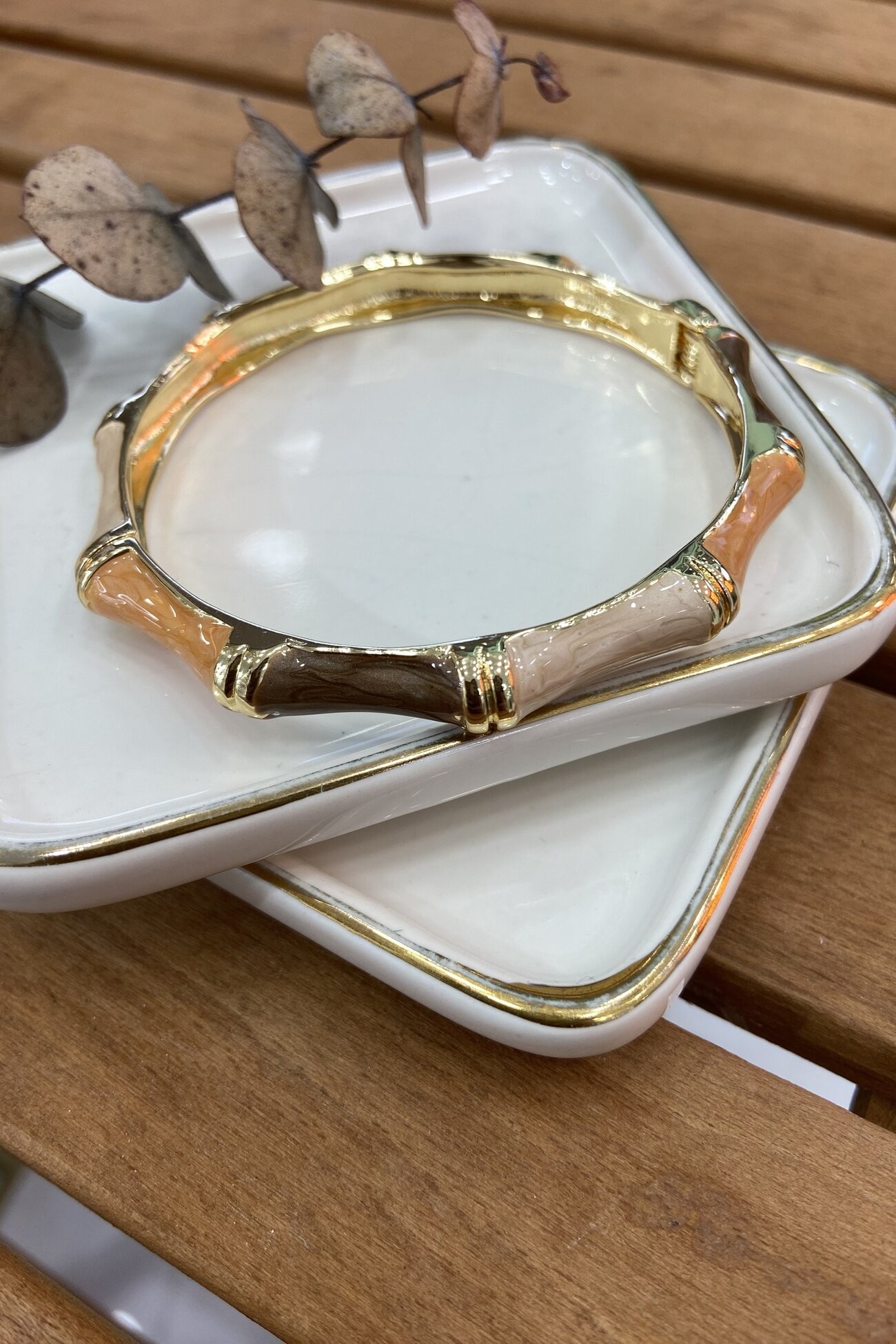 14K Altın Kaplama Kahve Mineli Kemik Bilezik (İç Çap:6cm)