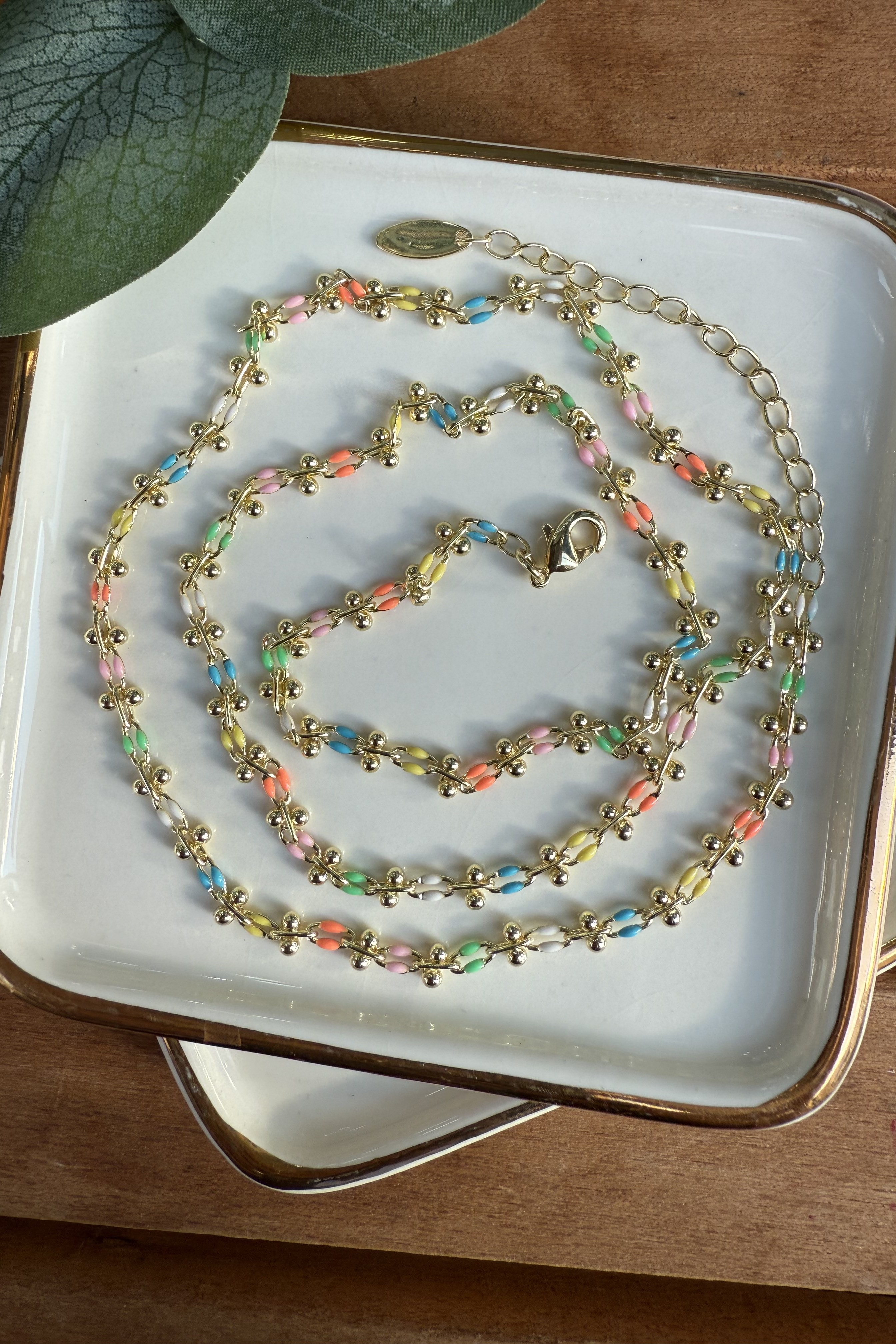 14K Altın Kaplama Renkli Mineli Geçişli Marka Kolye 54+5cm