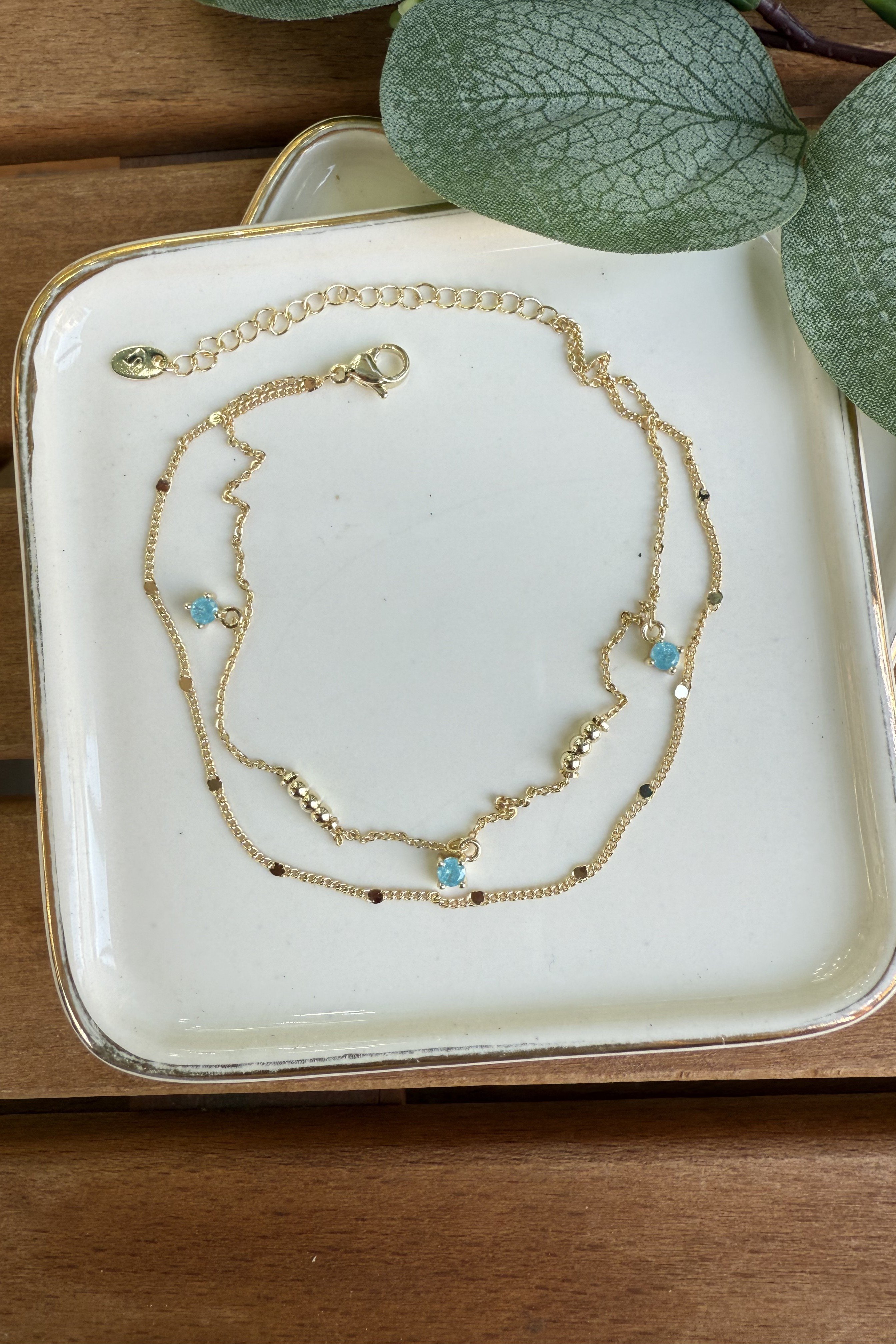 14K Altın Kaplama Mavi Kar Taşı İkili Halhal Gold 20+5cm