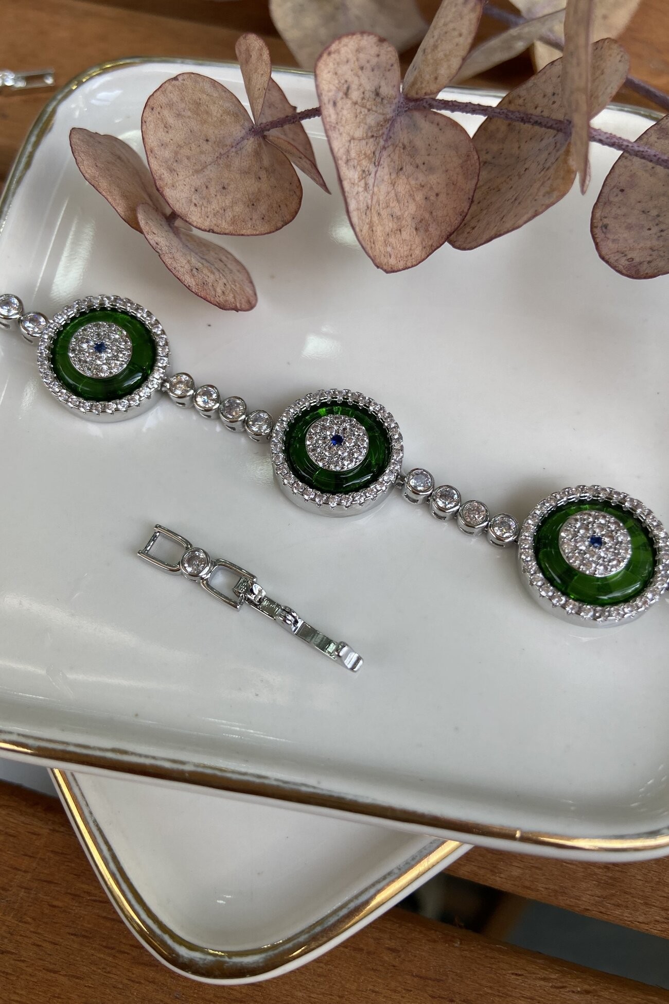 14K Altın Kaplama Yeşil Yuvarlak Cam Göz Bileklik 17+2cm