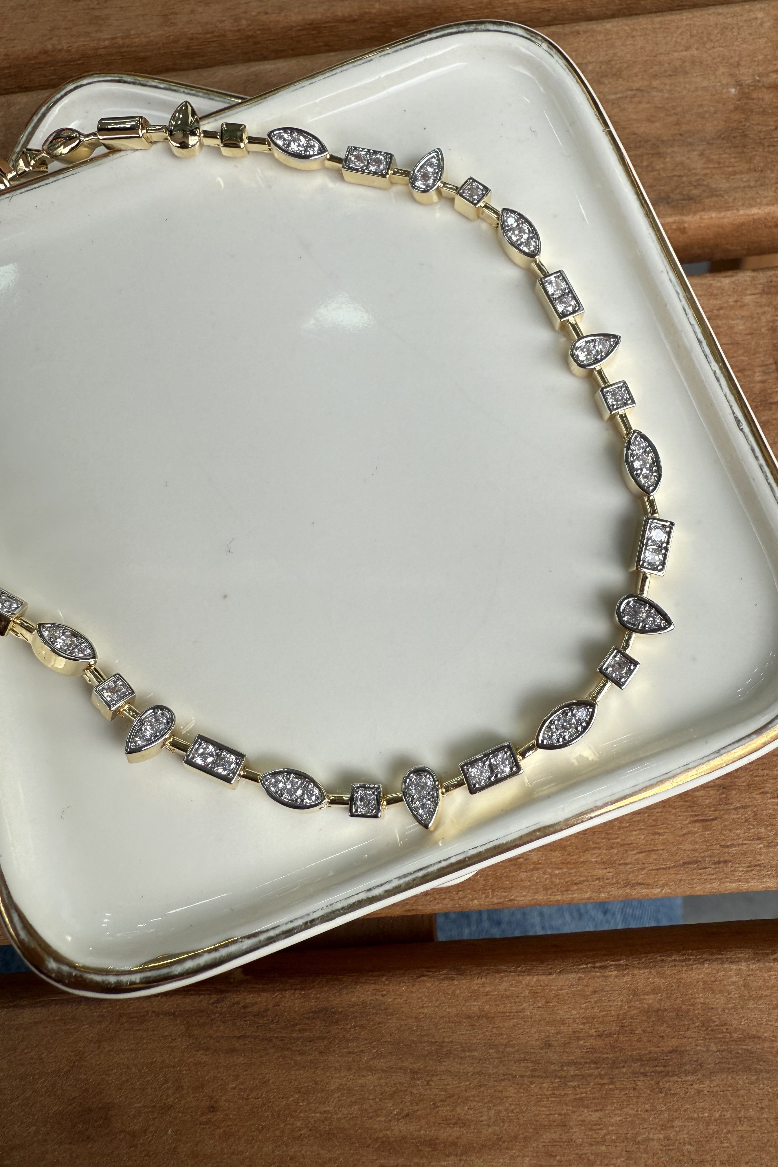 14K Altın Kaplama Minik Damla&Kare&Oval Taşlı Kolye 46cm