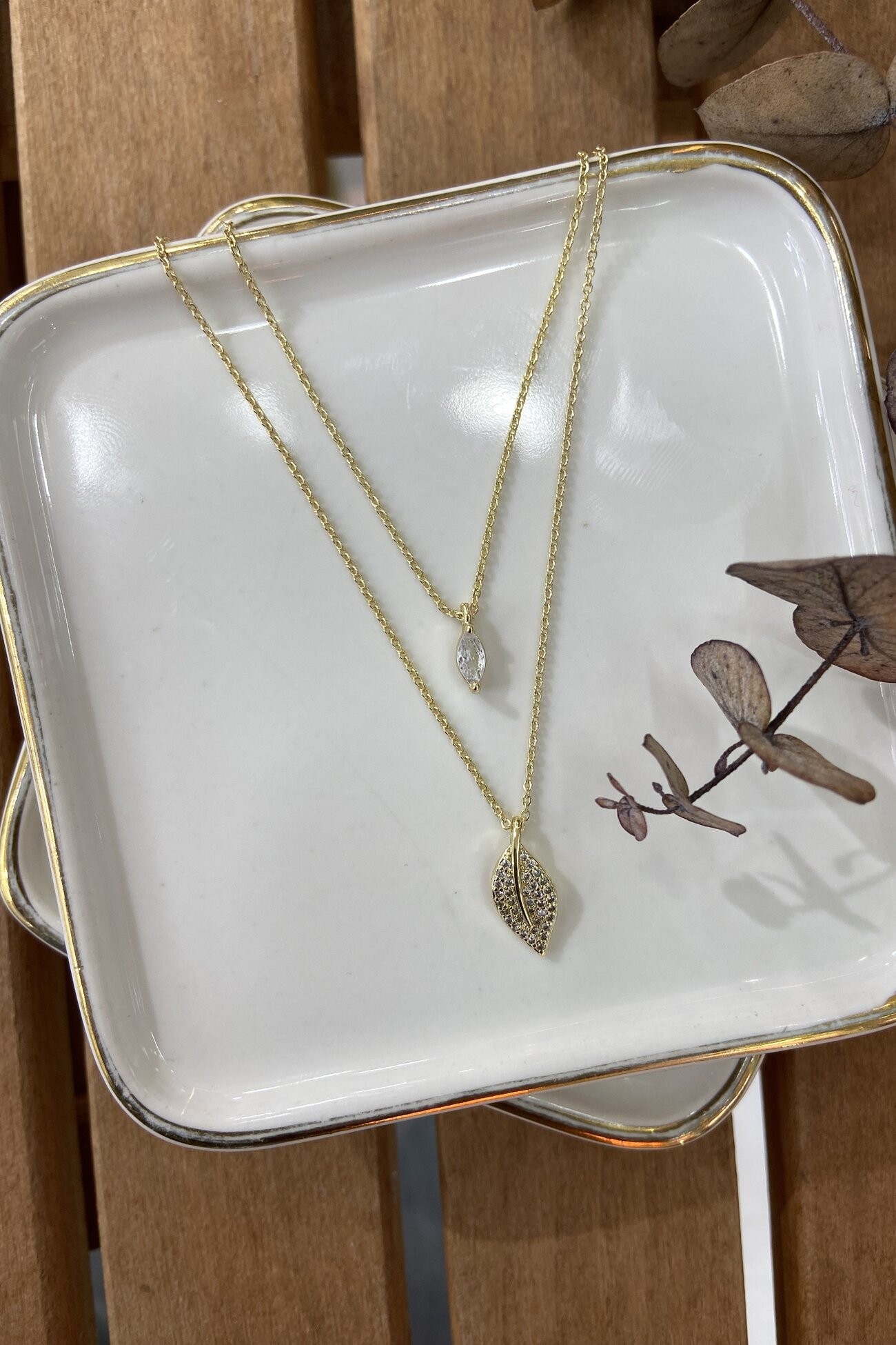 14K Altın Kaplama İkili Minimal Tüy Kolye Gold 45cm