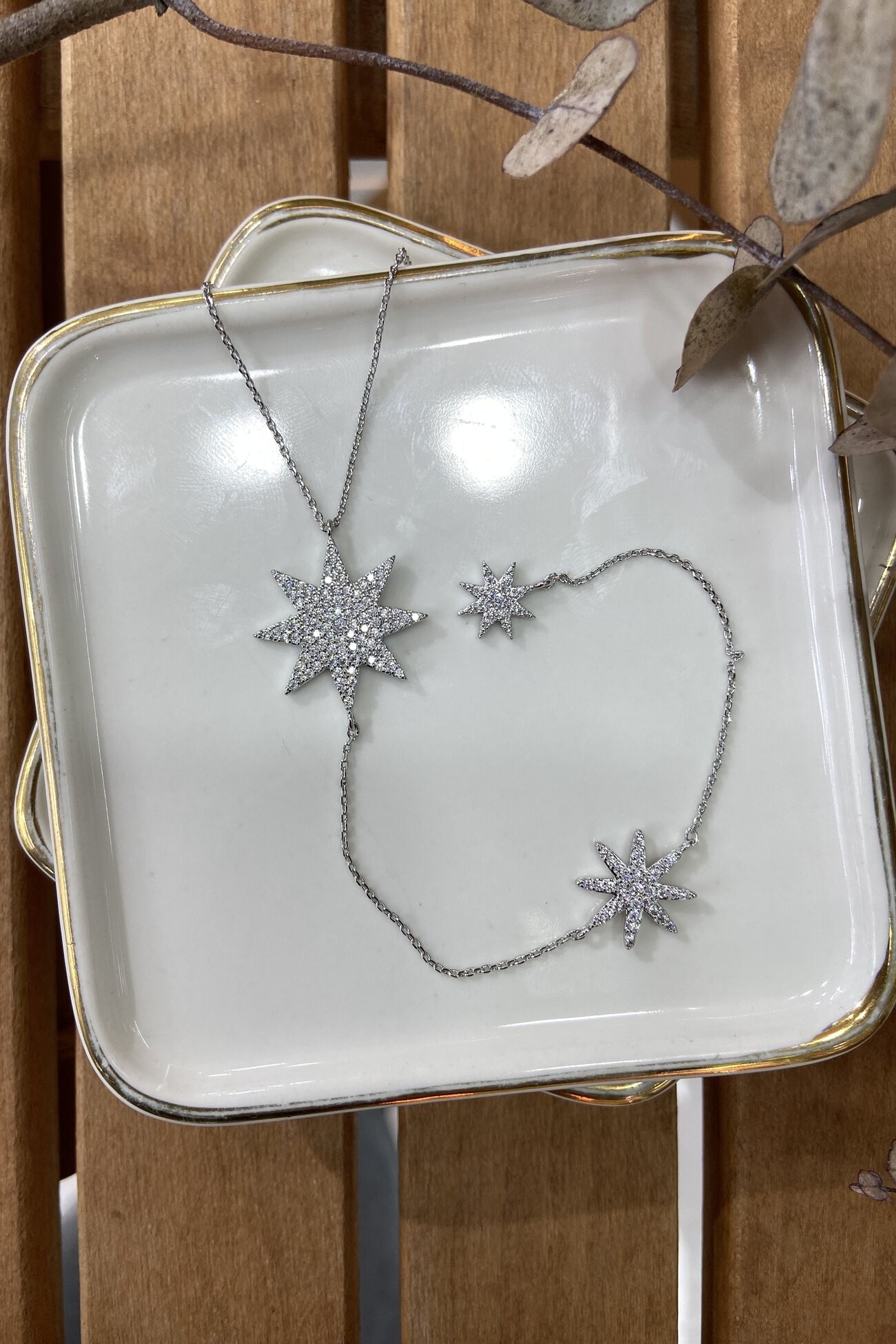 14K Altın Kaplama Yıldız Sallantılı Dekolte Kolyesi Silver 49cm