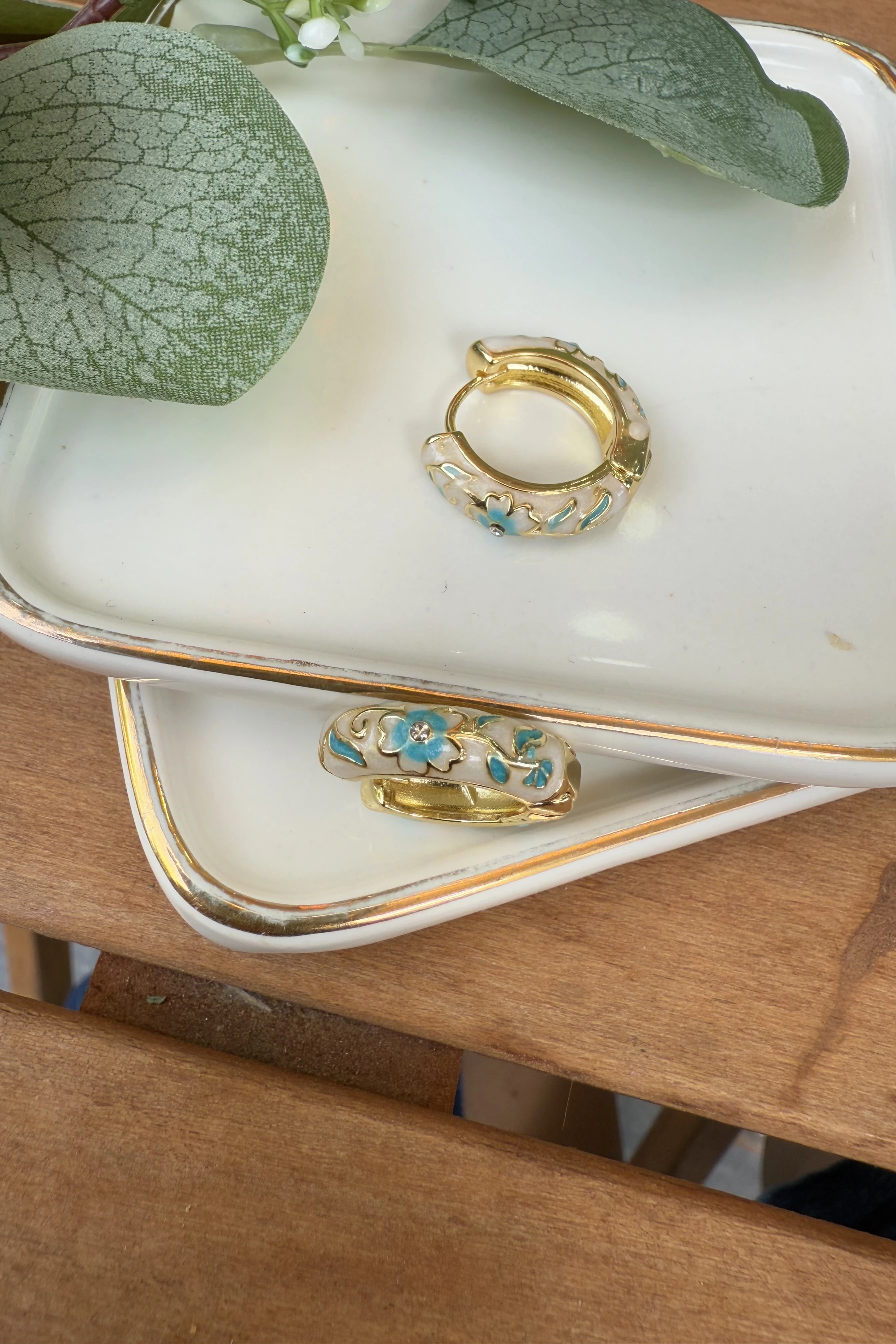 14K Altın Kaplama Mavi & Krem Mineli Lisa Küpe