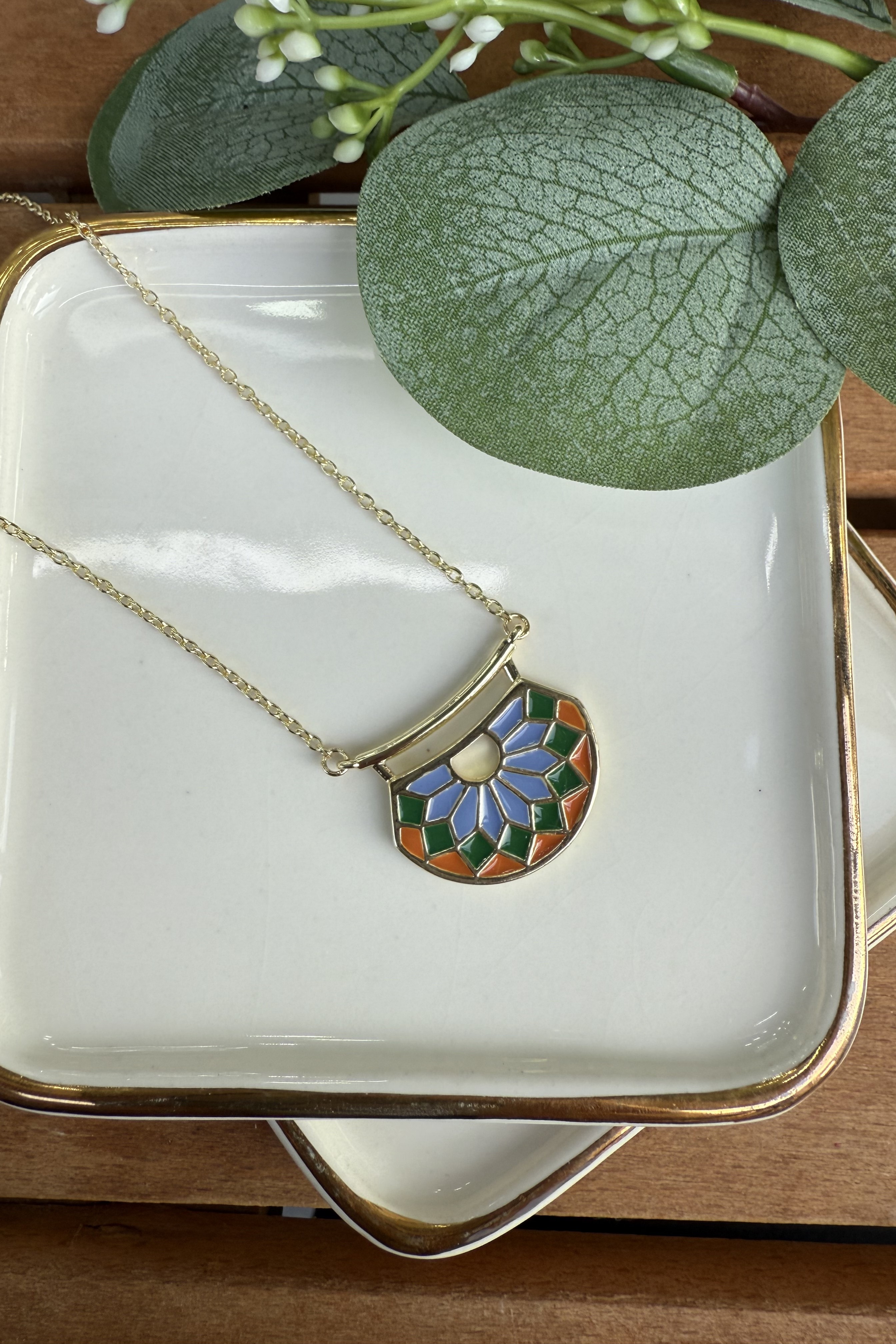 14K Altın Kaplama Turuncu Etnik Oval Kolye 45+5cm