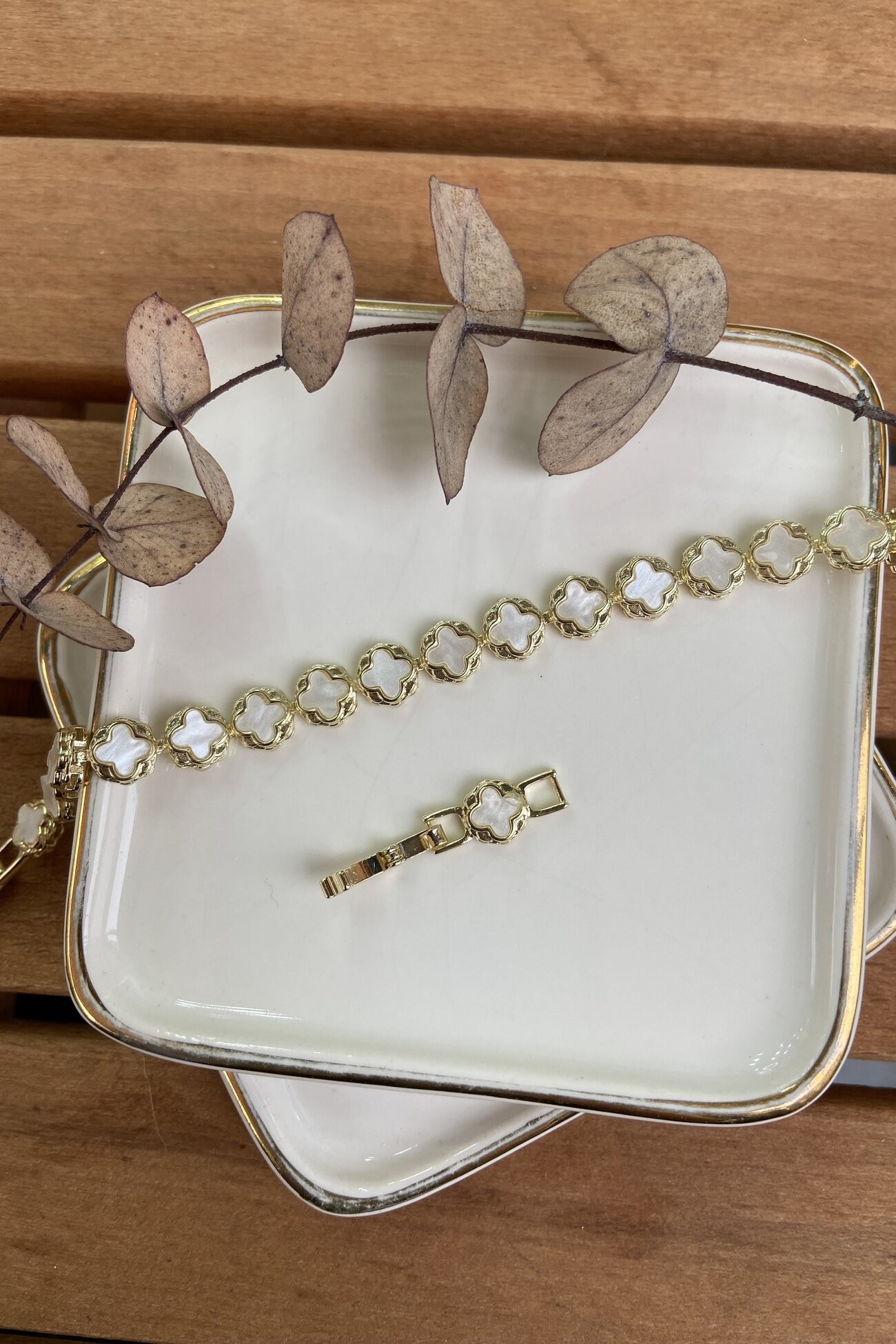 14K Altın Kaplama Sedefli Beyaz Yonca Bileklik 17+2cm