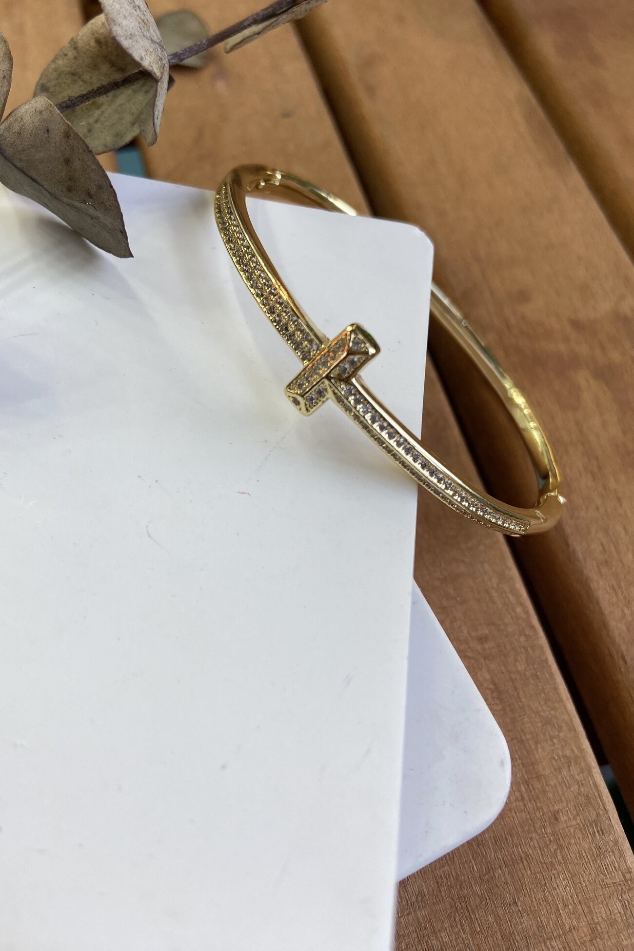 14K Altın Kaplama Taşlı T Bilezik Gold