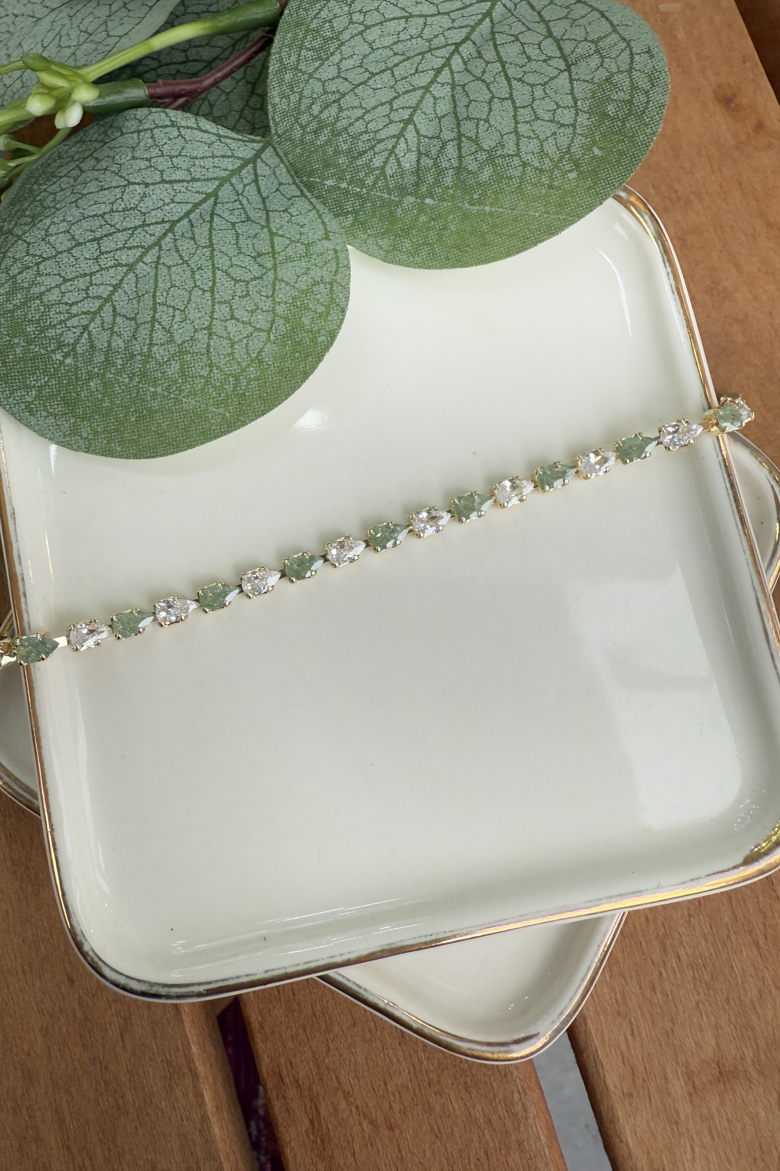 14K Altın Kaplama Su Yeşili & Beyaz Taşlı Bileklik 17+1cm