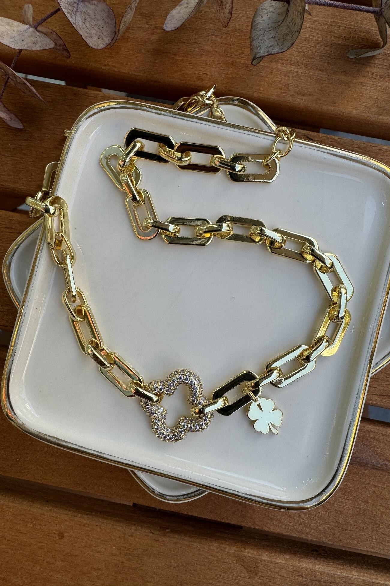 14K Altın Kaplama Taşlı Yonca & Minik Sallantılı Yonca Kolye 45cm