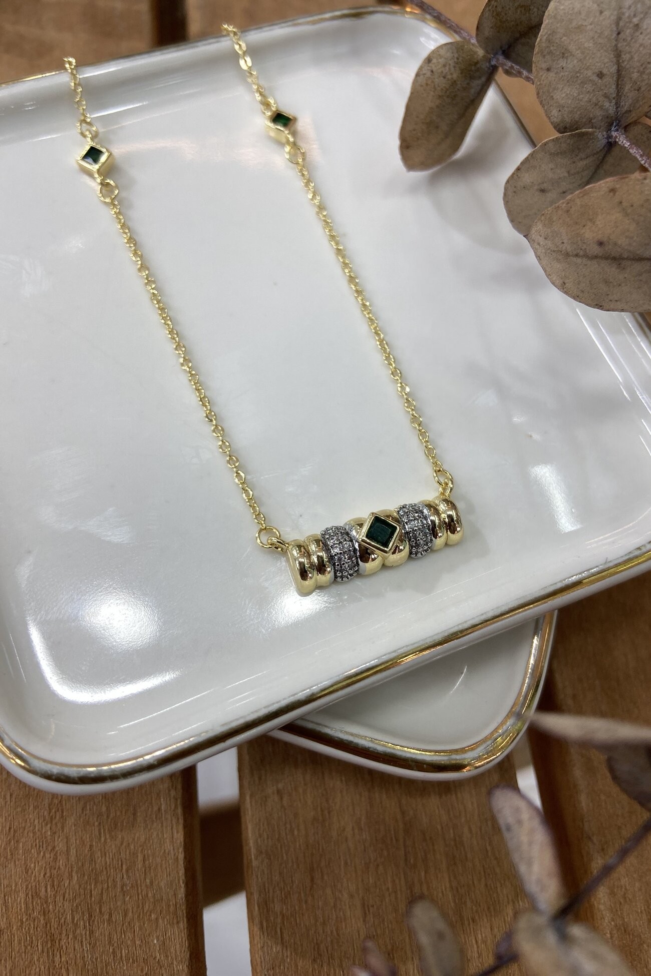 14K Altın Kaplama Yeşil Taşlı Etnik Kolye 53cm
