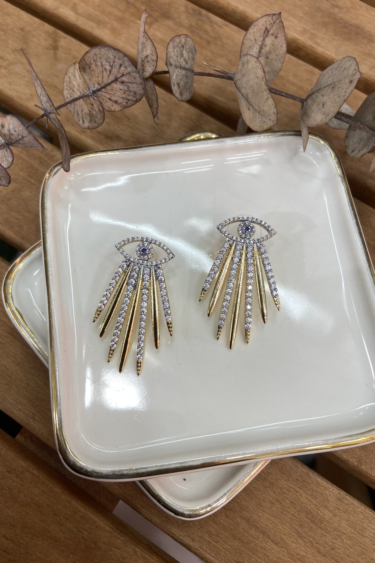 14K Altın Kaplama Taşlı Göz Altı Saçaklı Küpe