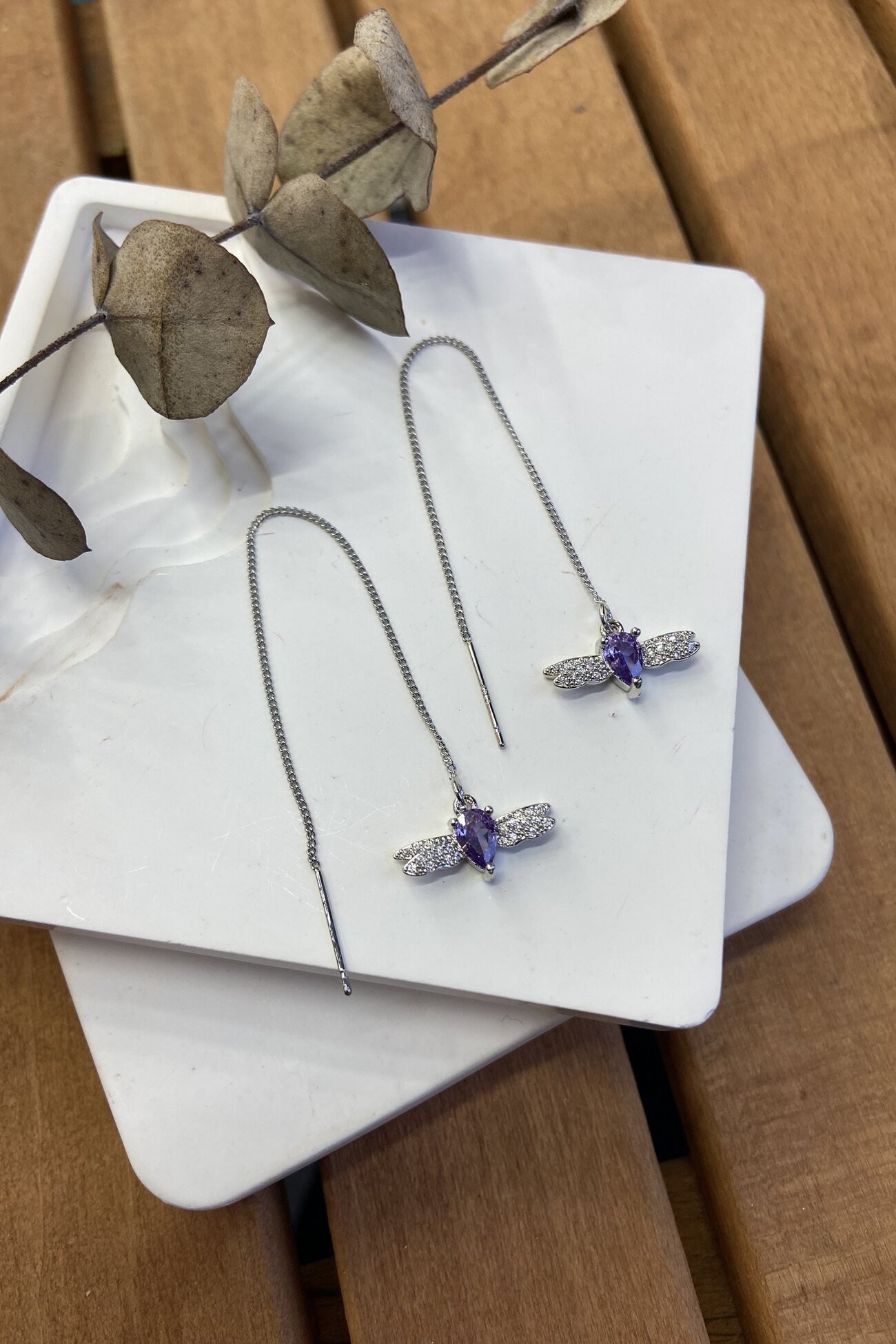 14K Altın Kaplama Yusufçuk Zincirli Küpe Silver