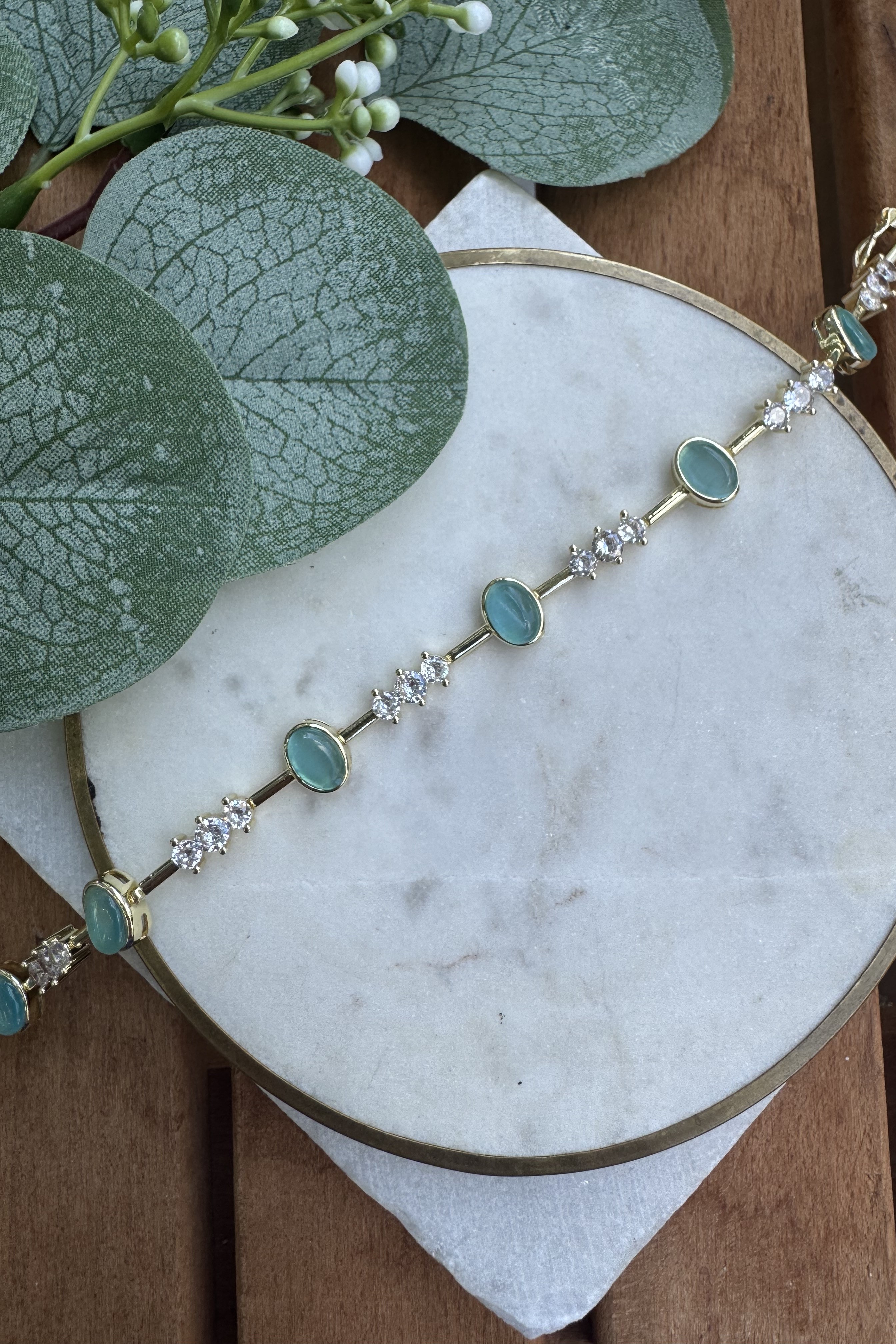14K Altın Kaplama Mavi Ay Taşı Geçişli Bileklik 18cm
