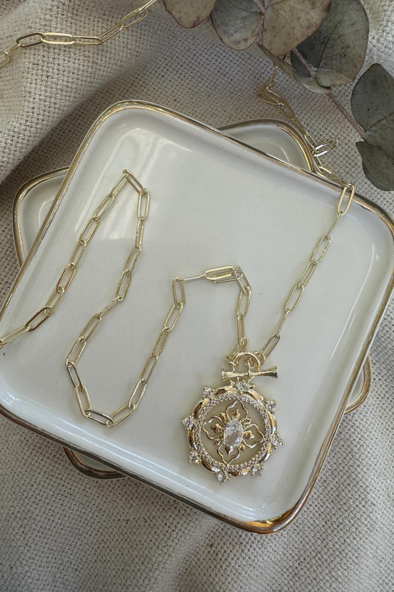 14K Altın Kaplama İşlemeli Vintage Kolye 75cm